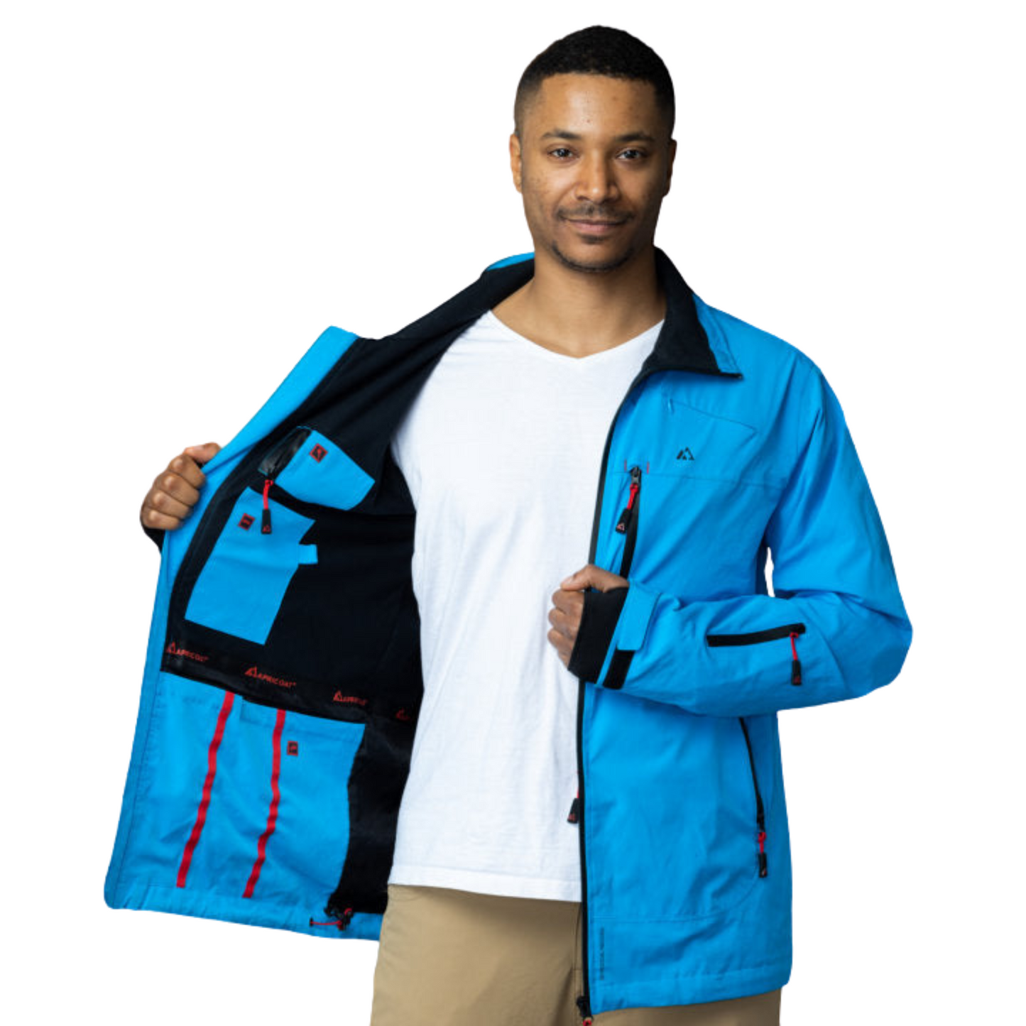 Men's Apricoat Adventurer 2.0 Weatherproof Rain Jacket in sky blue, featuring 16 integrated pockets, built-in gloves, and made from recycled materials.