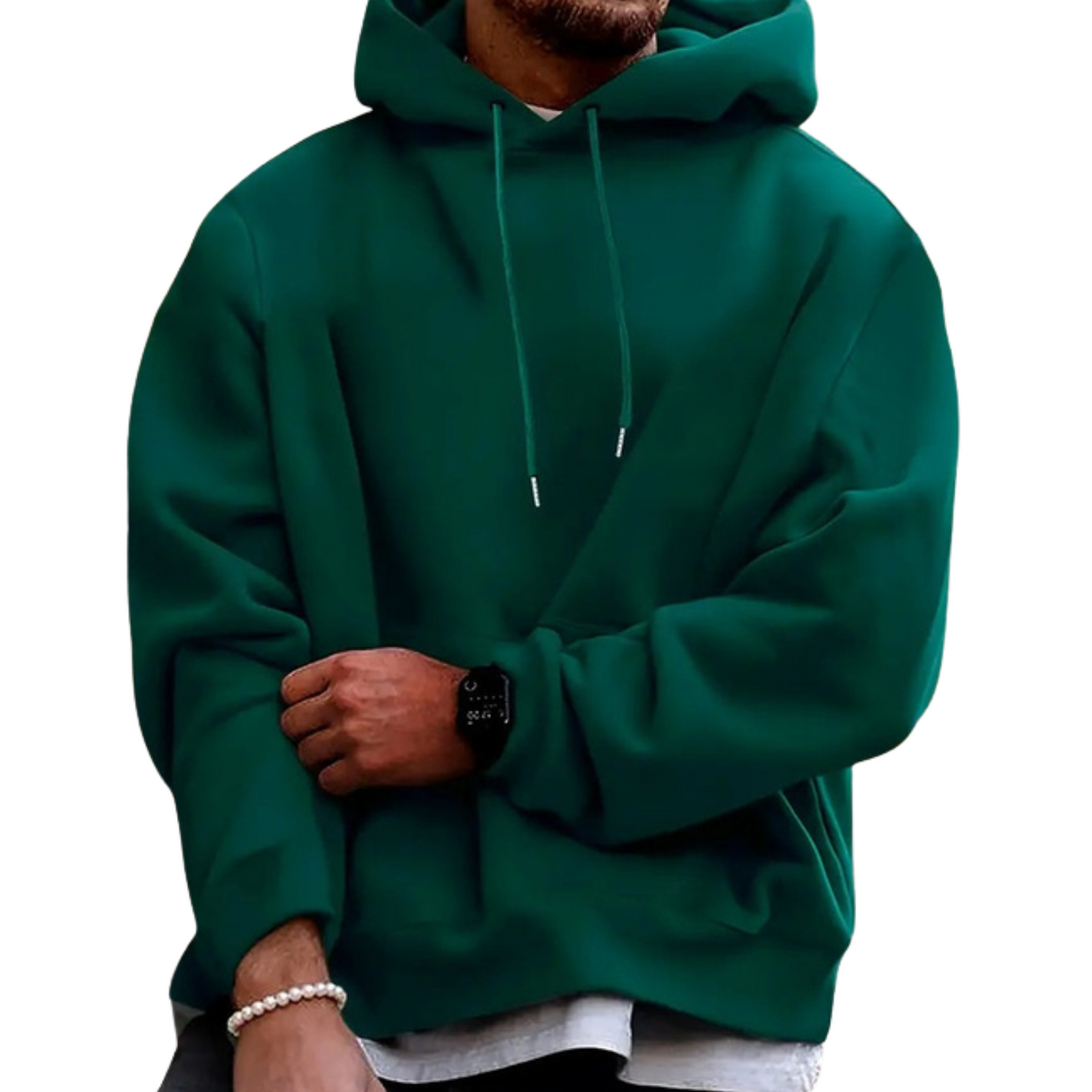 Men's Blended Sports Tec Pocket Pullover Hoodie with drawstring and front pocket, made from a durable cotton-polyester blend. Available in black, blue, and green. Perfect for casual wear or workouts.