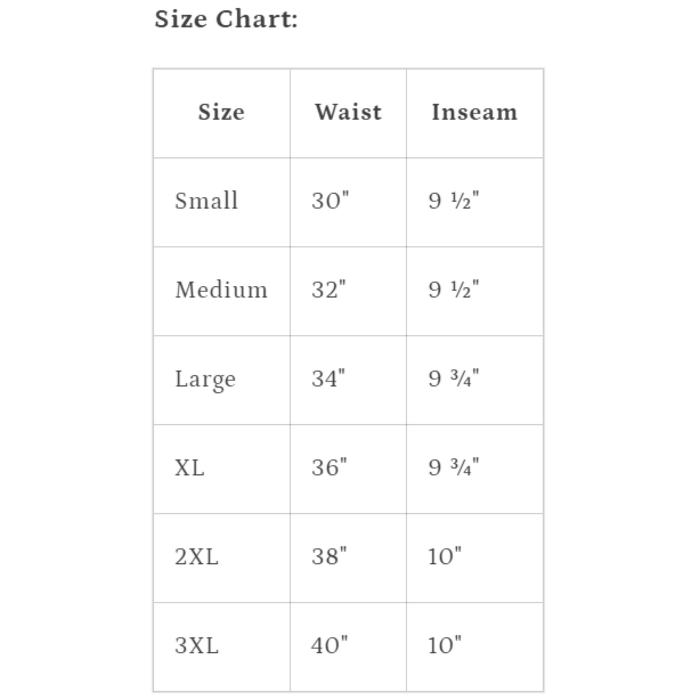 size chart