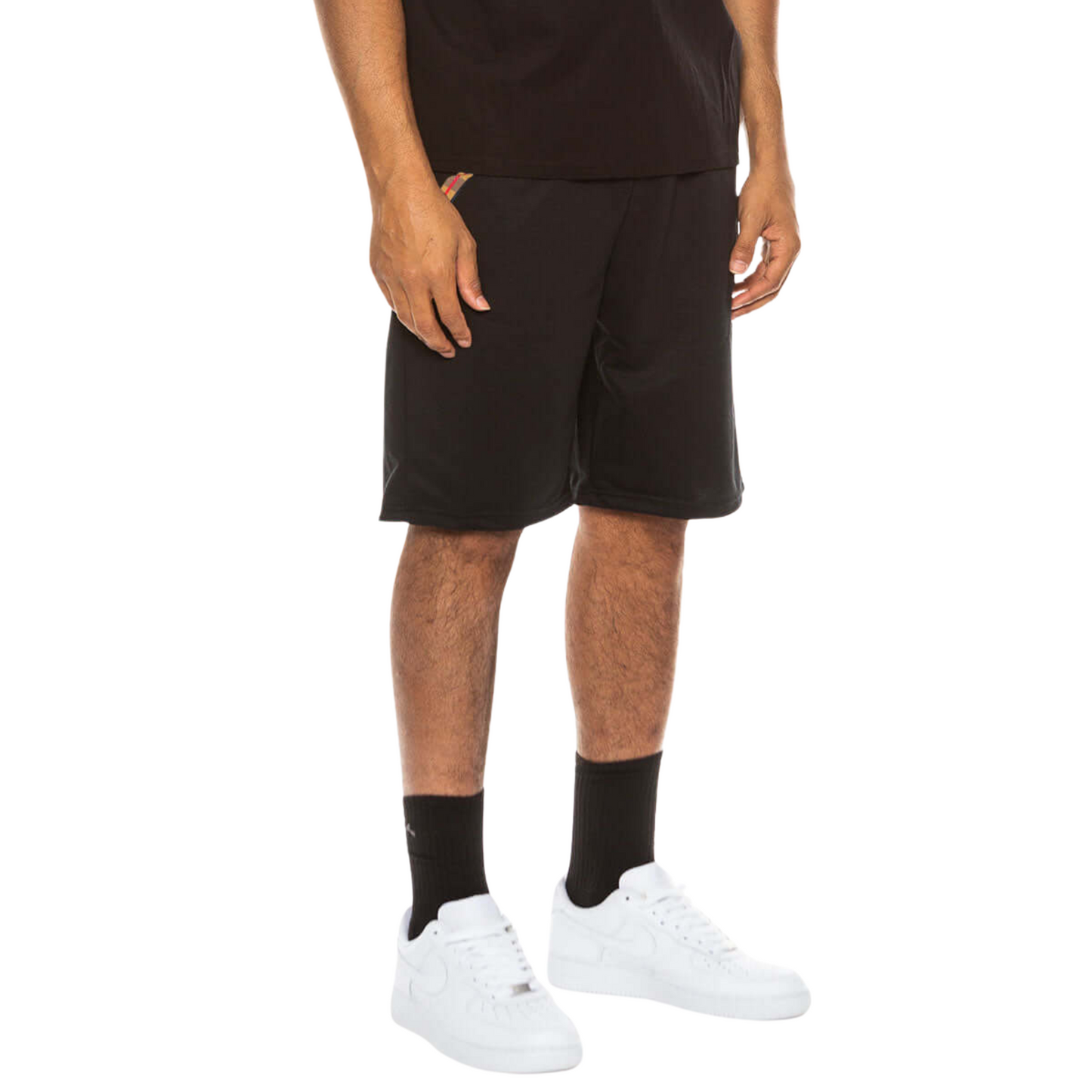 Men’s regular-fit cotton blend shorts with checkered trim at waist and pockets, shown in black