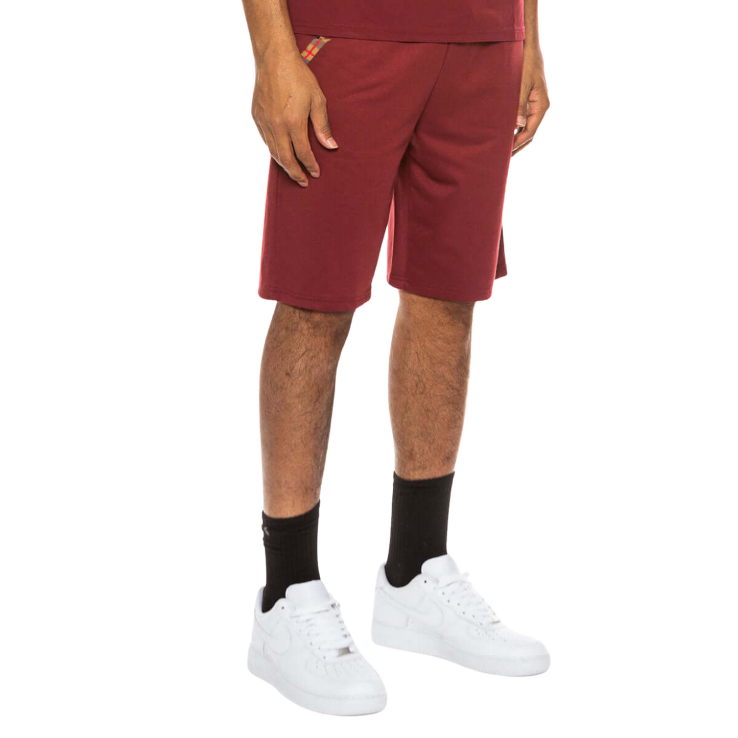 Men’s regular-fit cotton blend shorts with checkered trim at waist and pockets, shown in burgundy