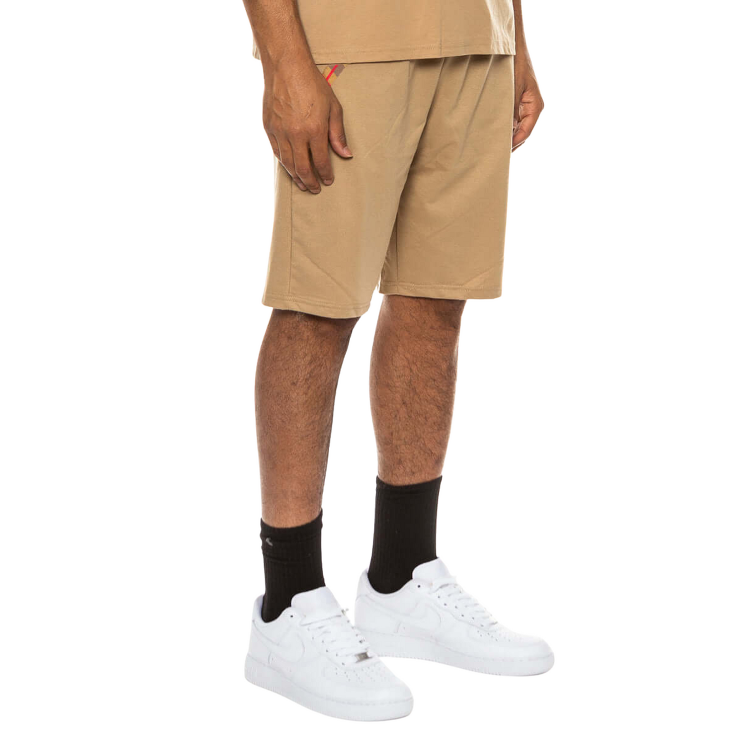 Men’s regular-fit cotton blend shorts with checkered trim at waist and pockets, shown in khaki