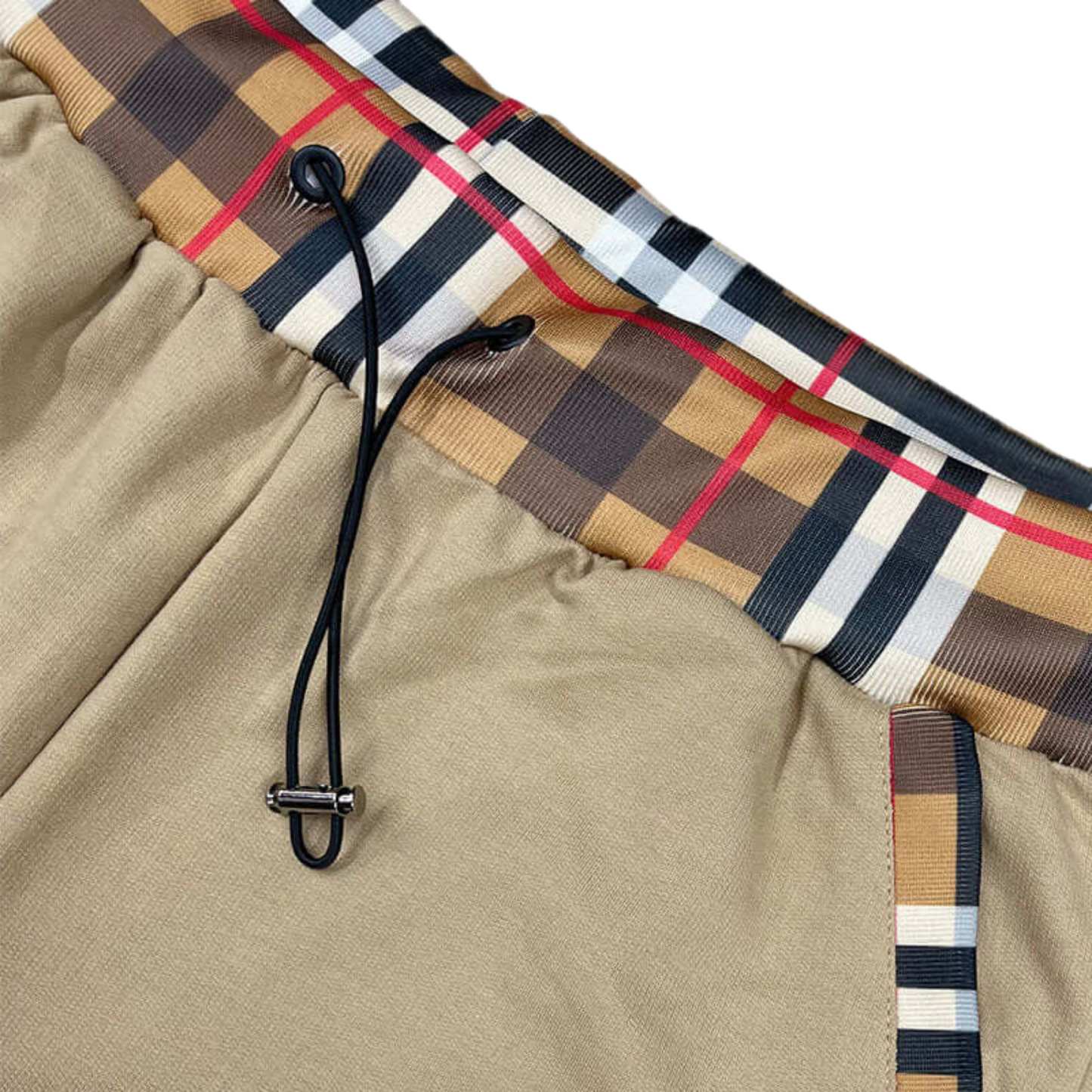 Men’s regular-fit cotton blend shorts with checkered trim at waist and pockets, shown in khaki