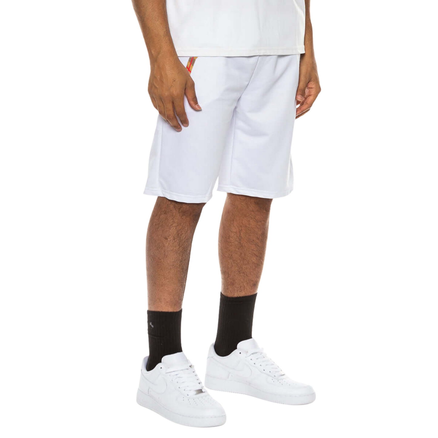 Men’s regular-fit cotton blend shorts with checkered trim at waist and pockets, shown in white