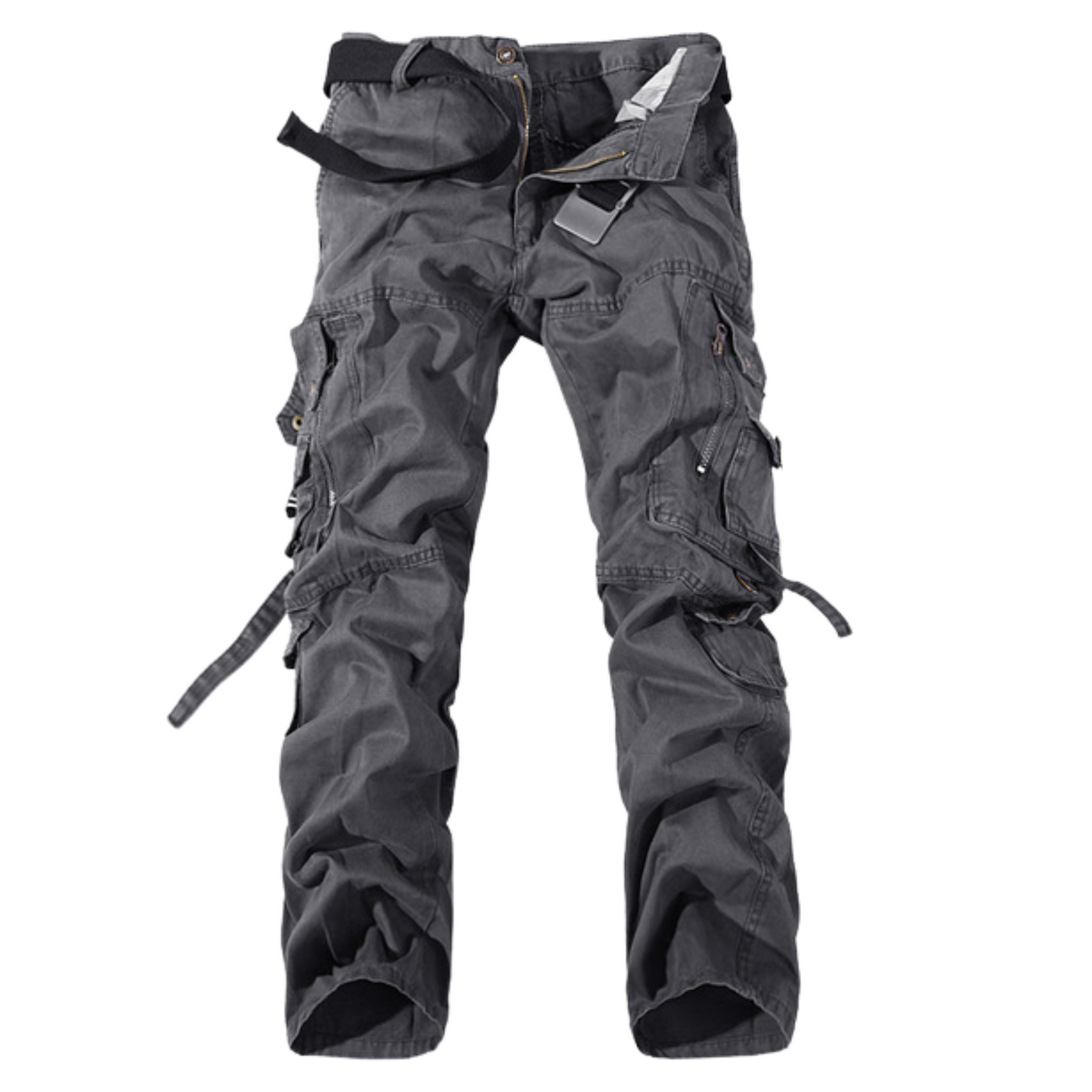 Men's Desert Storm Cotton Cargo Utility Pants with Straps – 100% premium cotton cargo pants with multiple pockets and stylish straps. Available in gray khaki, dark earth yellow, grass green, army green, and black.