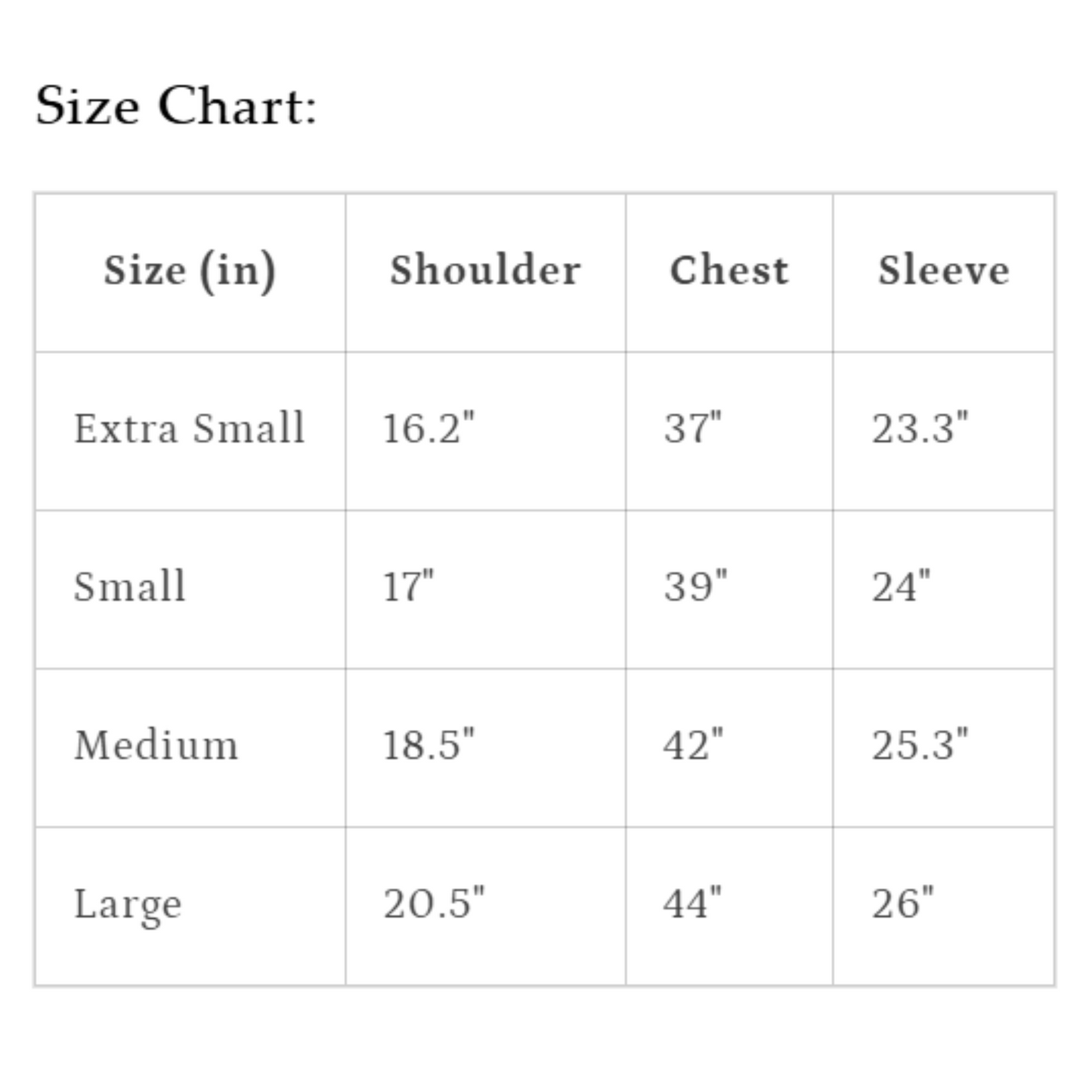 size chart