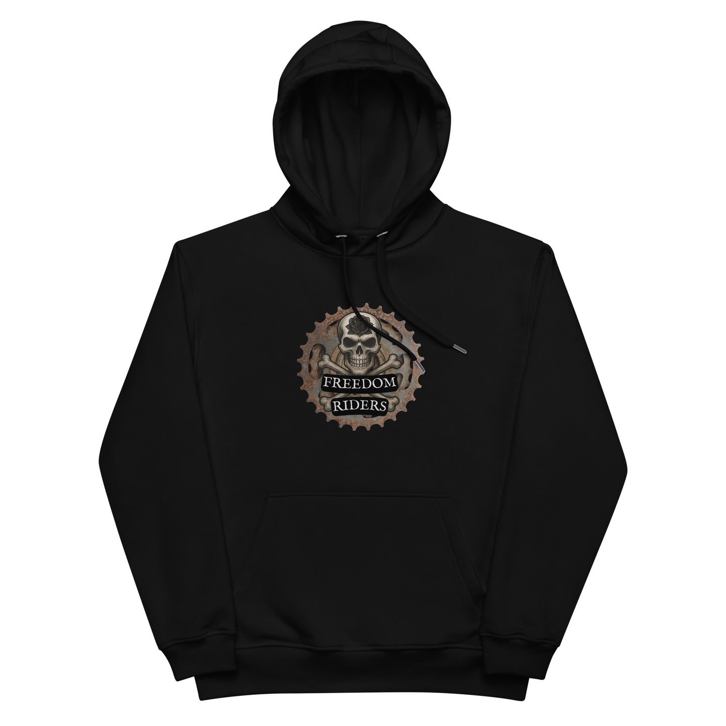 Black hoodie with 'Freedom Riders' logo on a white background