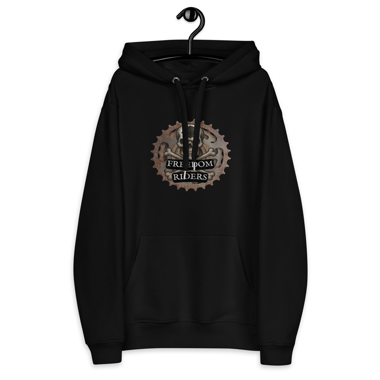 Black hoodie with 'Freedom Riders' logo on a white background
