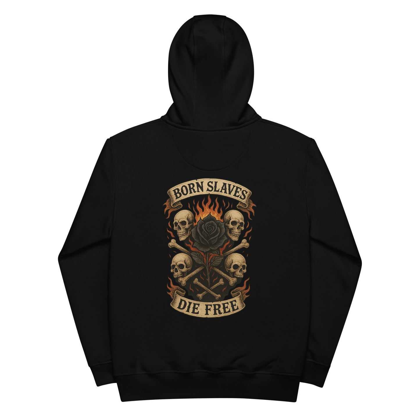 Black hoodie with skull and crossbones design on a white background