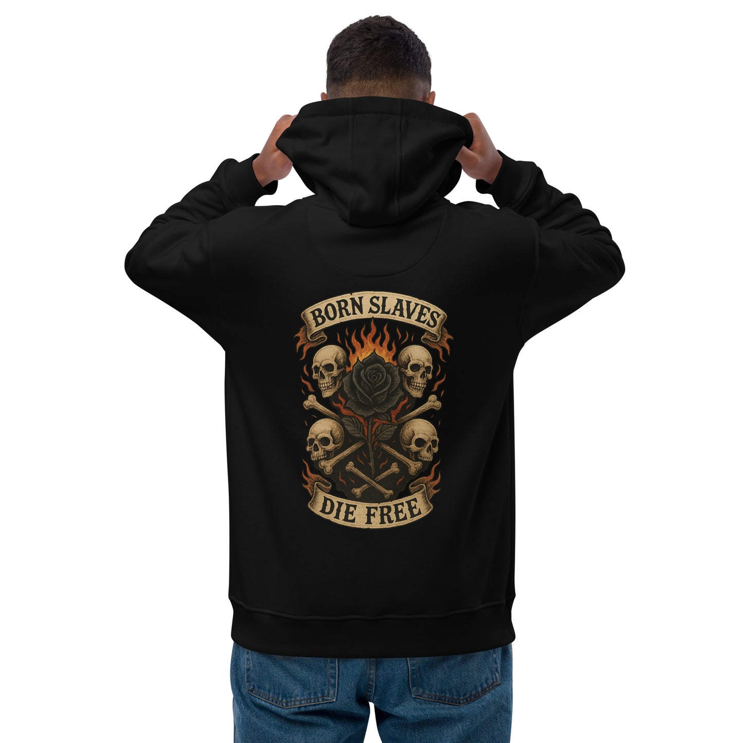 Person wearing a black hoodie with a graphic design on the back, featuring skulls and text.
