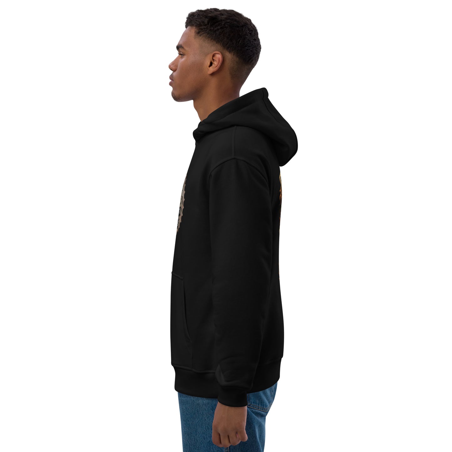 Person wearing a black hoodie on a white background