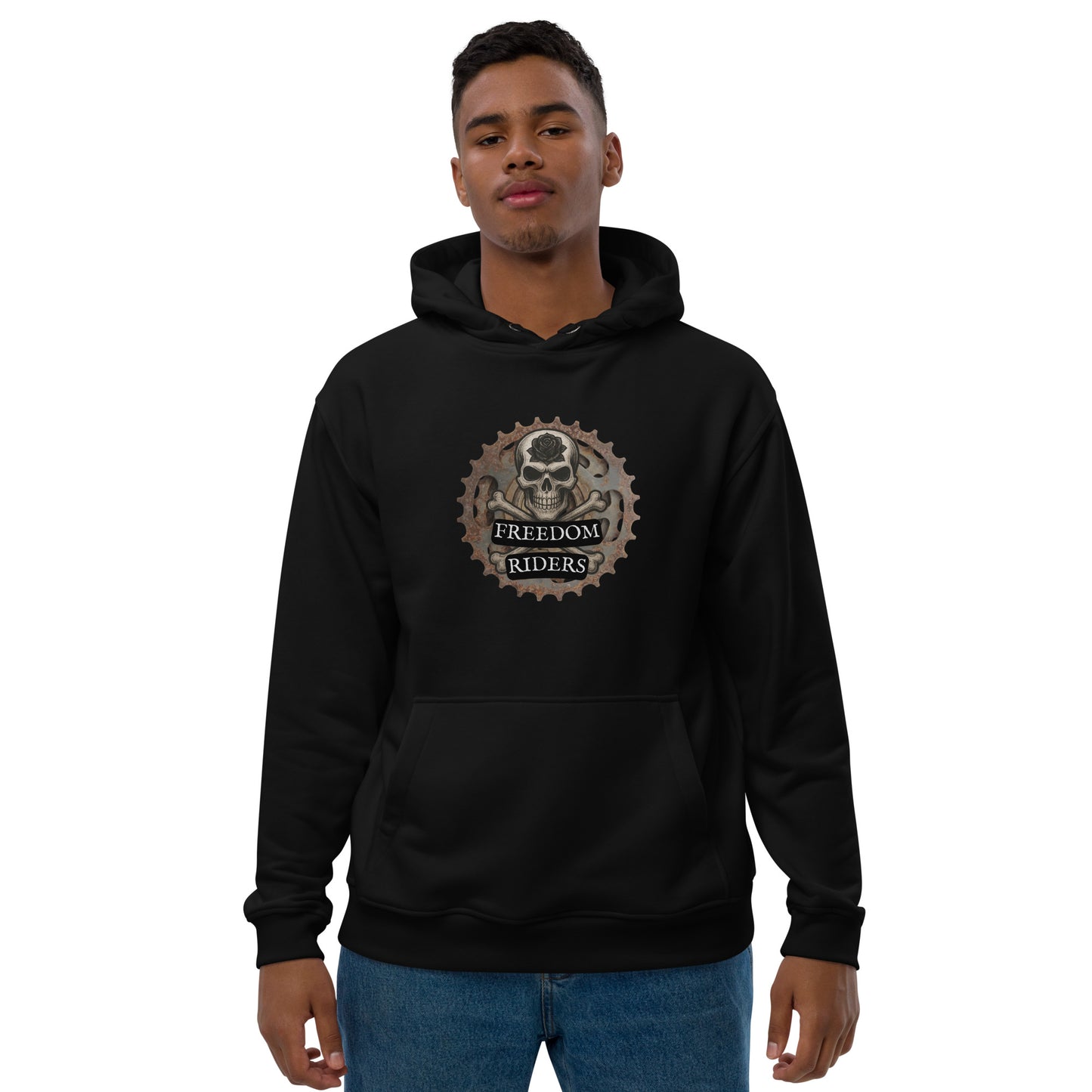 Person wearing a black hoodie with a 'Freedom Riders' logo on a white background