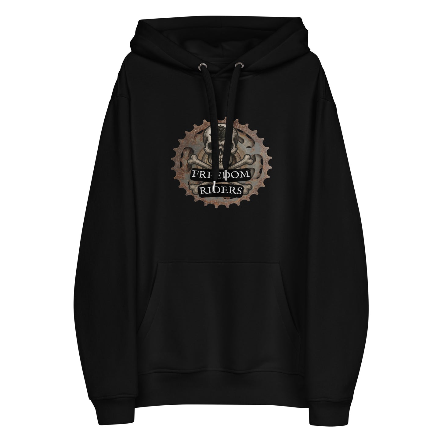 Black hoodie with 'Freedom Riders' graphic on a white background
