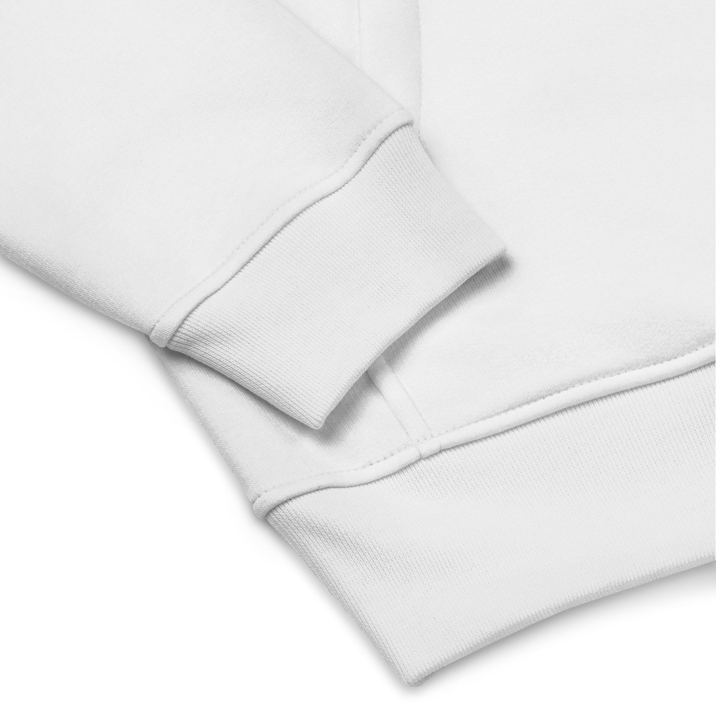 Close-up of a white sweatshirt on a light gray background