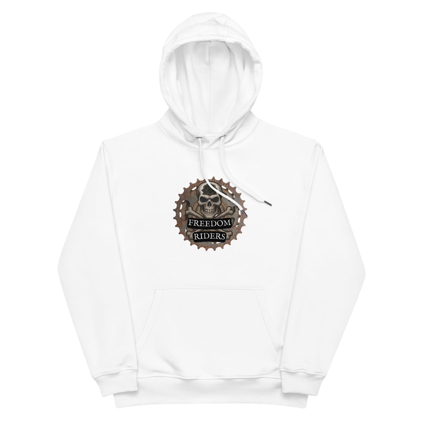 White hoodie with 'Freedom Riders' logo on a white background