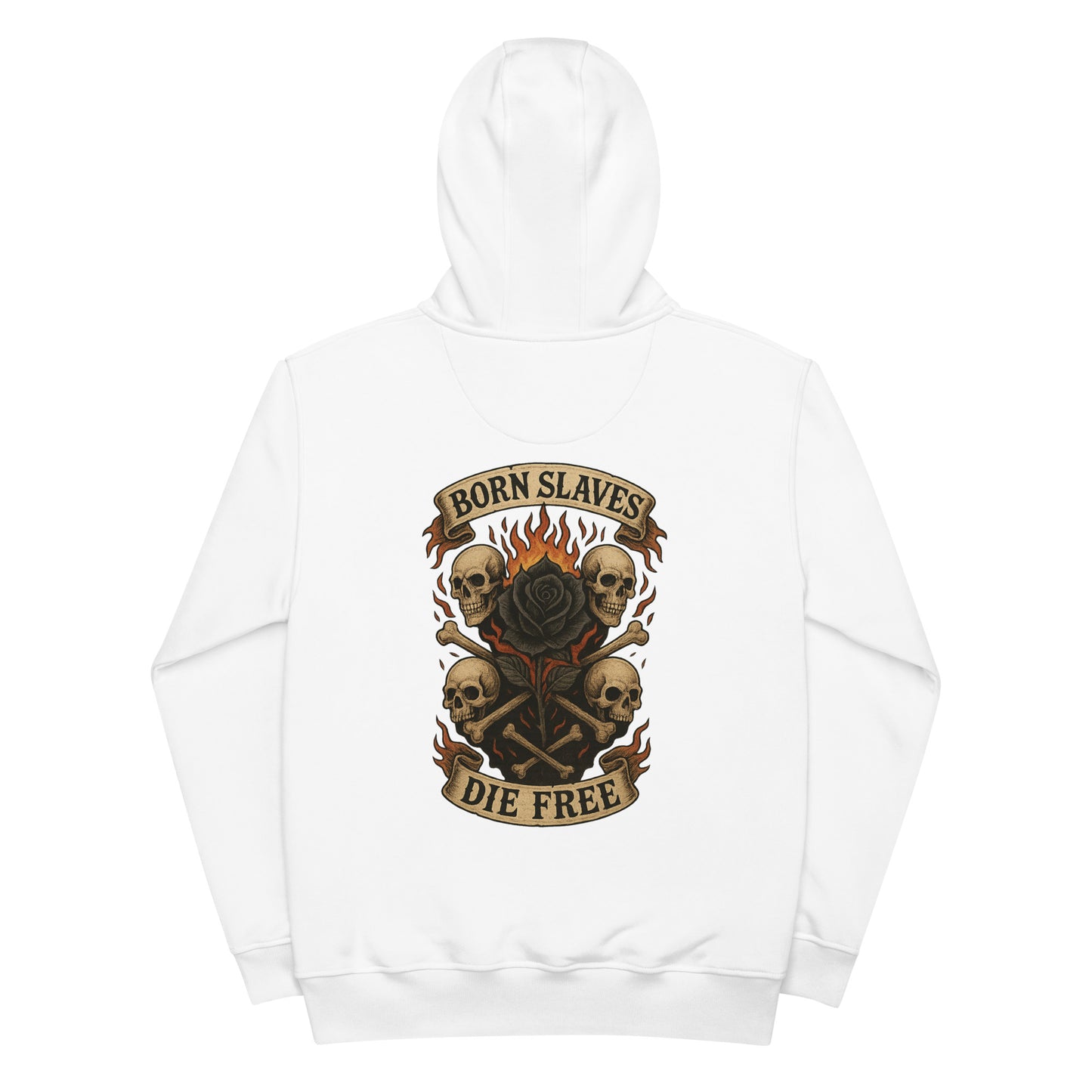 White hoodie with skull and crossbones design and text on a white background