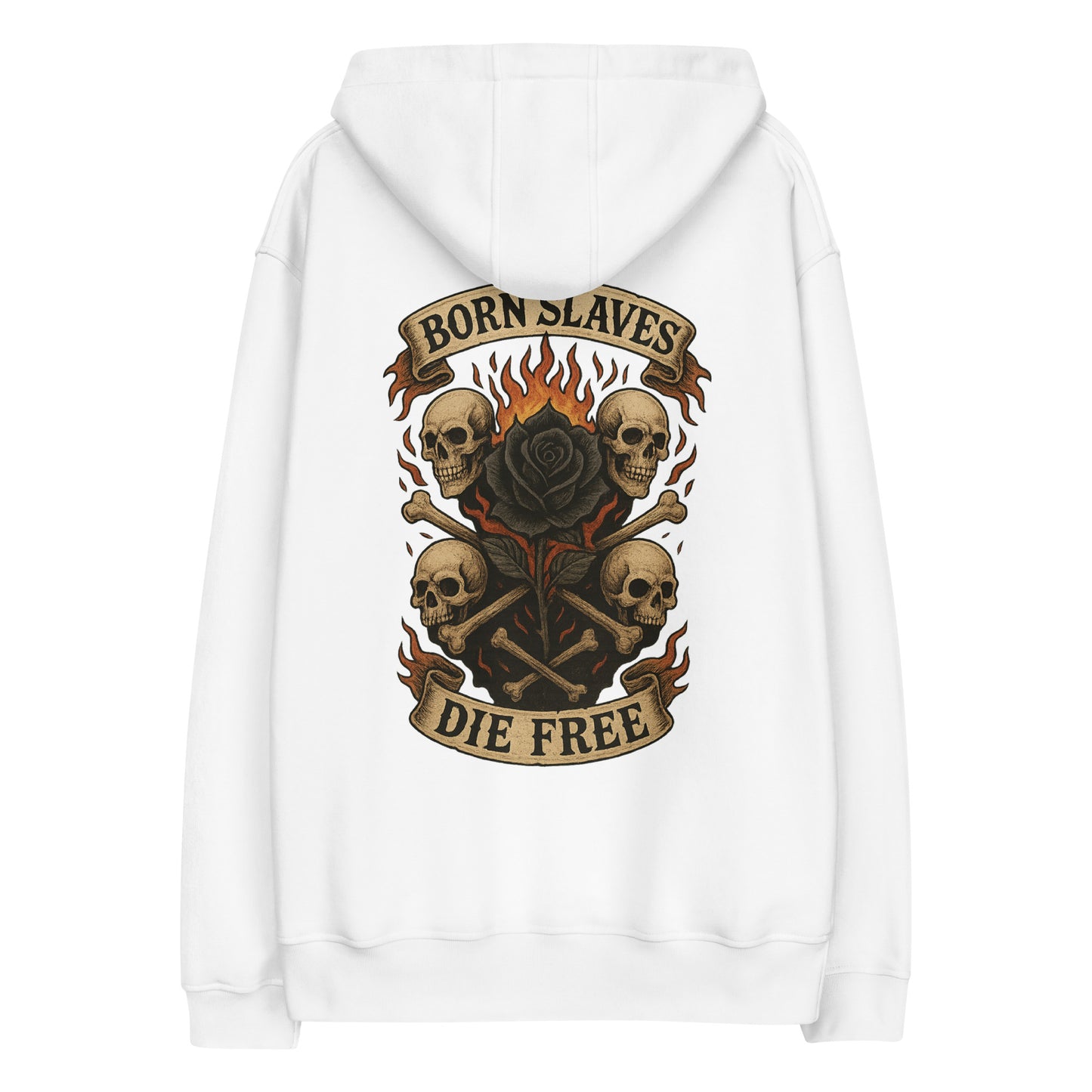 White hoodie with skull and rose design on the back