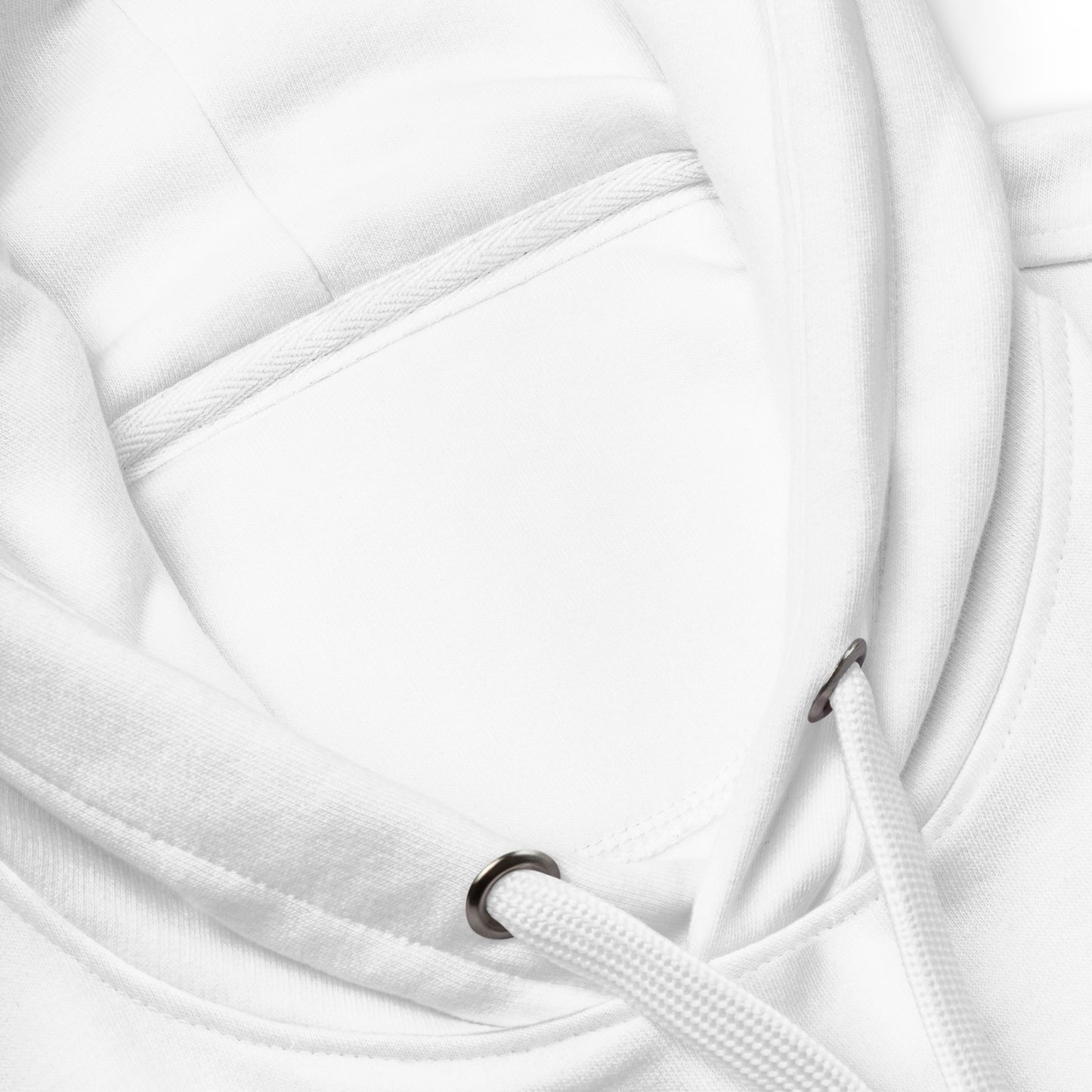 Close-up of a white hoodie with drawstrings on a light gray background