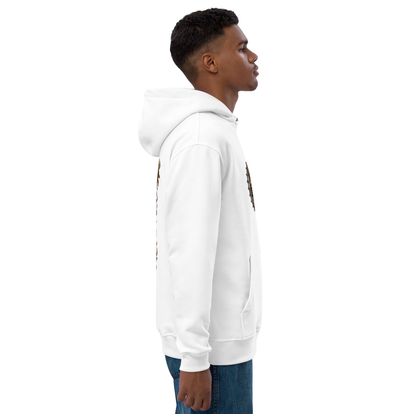 Person wearing a white hoodie with a logo on a white background