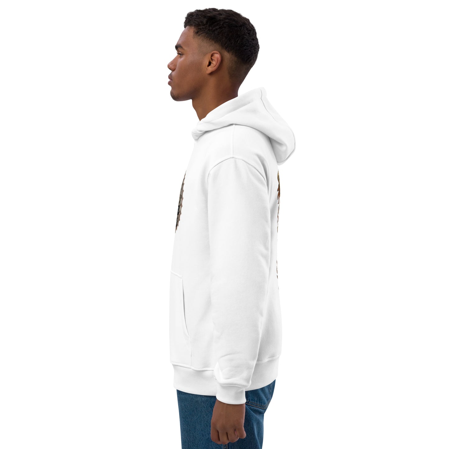 Person wearing a white hoodie with a brand logo on a white background