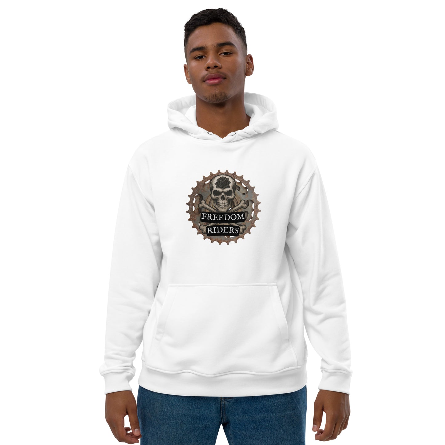 Person wearing a white hoodie with a 'Freedom Riders' logo on a white background