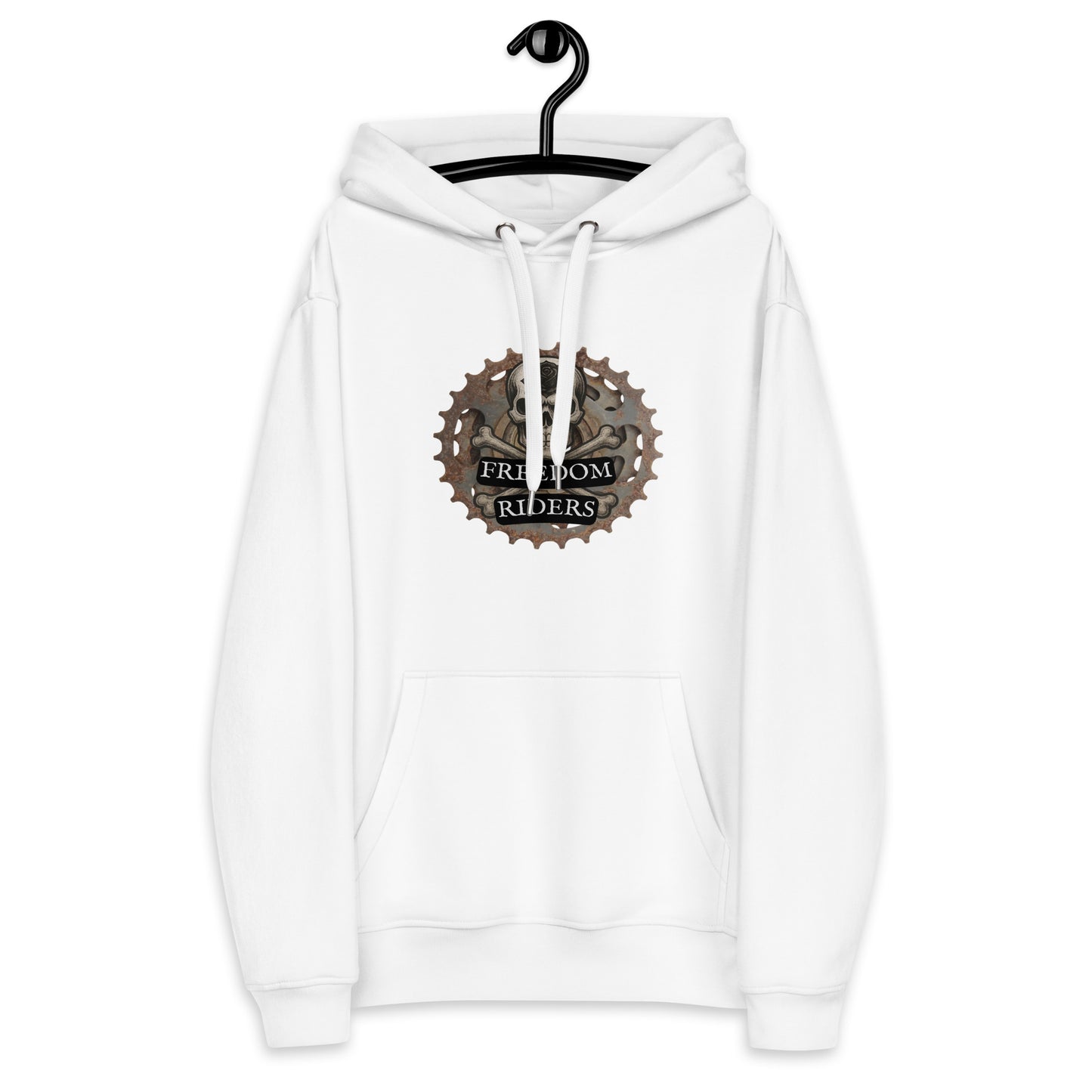 White hoodie with 'Freedom Riders' logo on a hanger against a white background