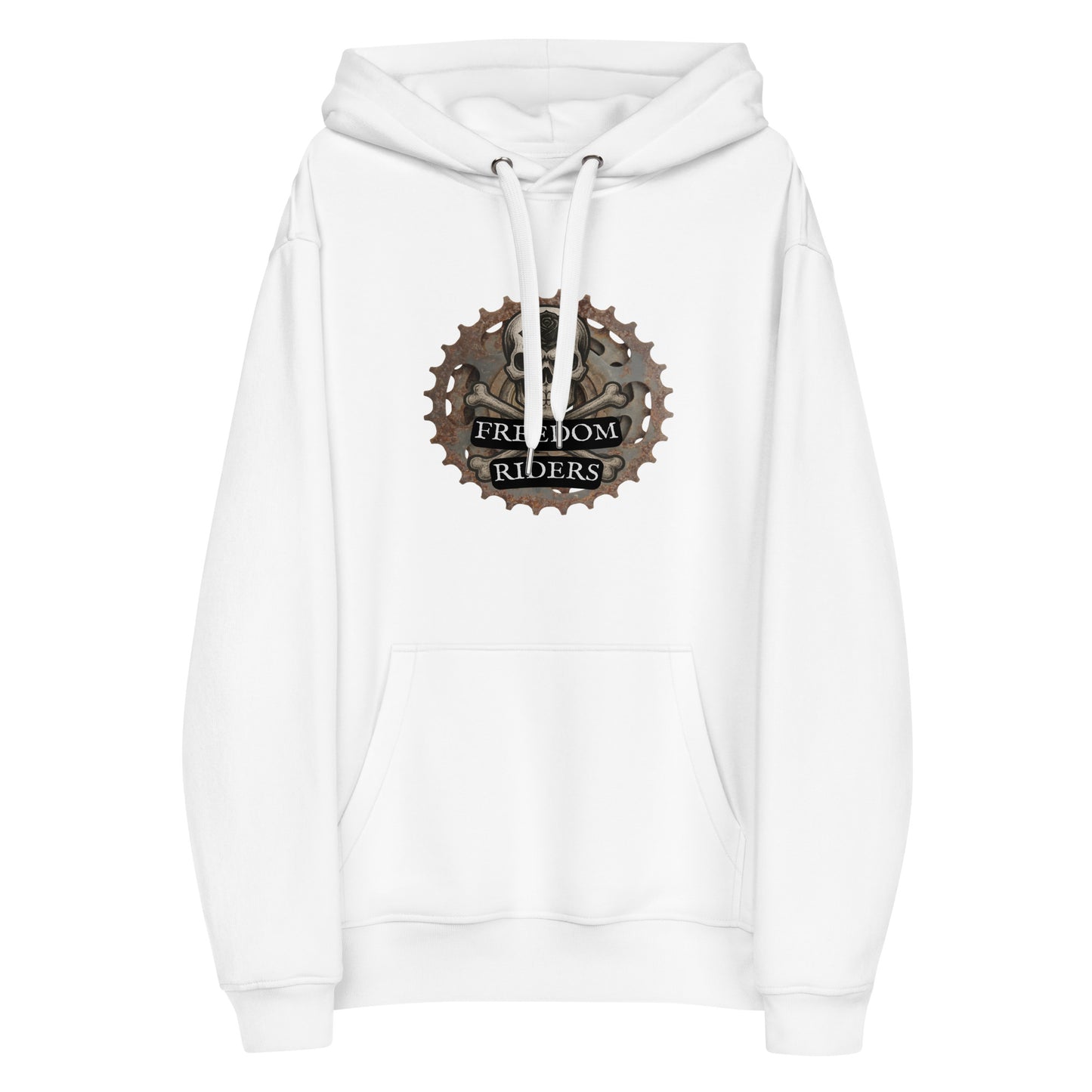 White hoodie with a logo on the chest against a white background