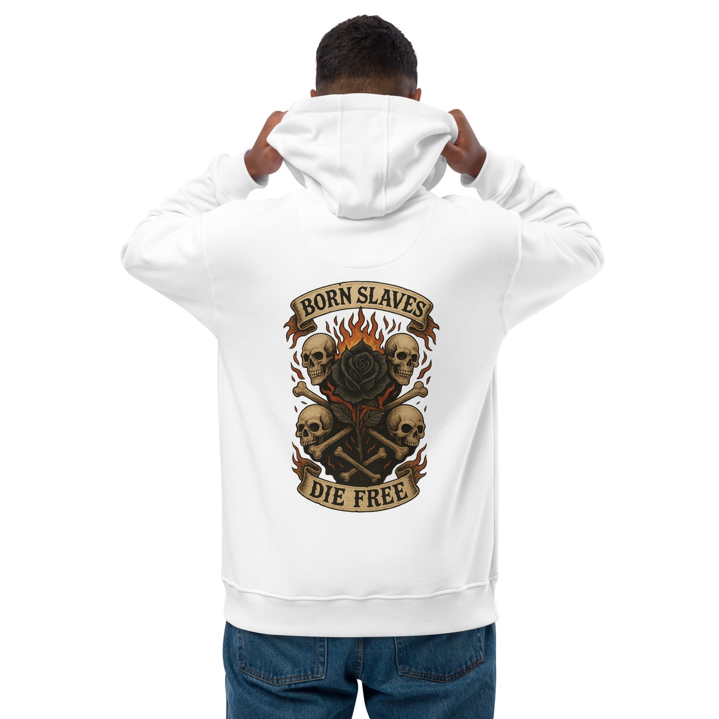 Person wearing a white hoodie with a graphic design on the back, featuring skulls and text.