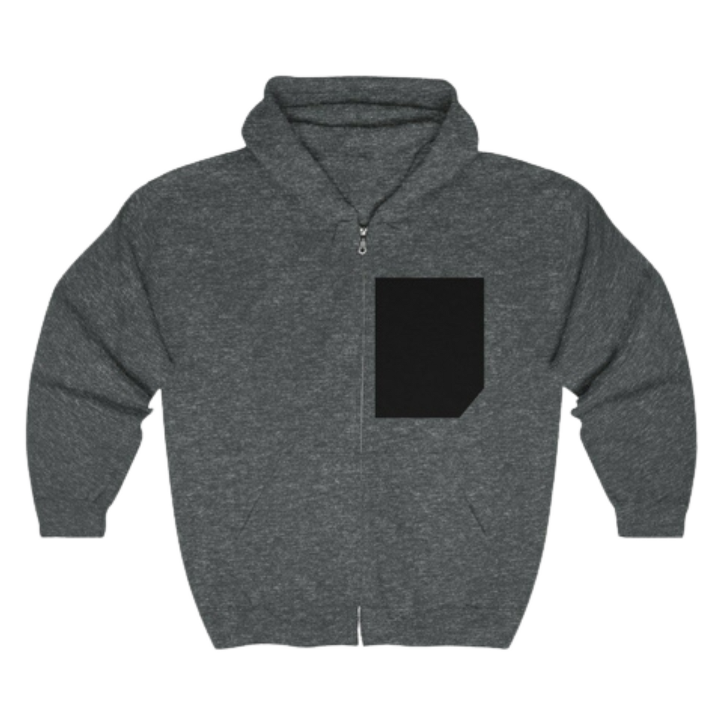 Men's Heavy Cotton Blend Zipper Hoodie in Navy with black patchwork detail on the chest, full zipper closure, and two front pockets.
