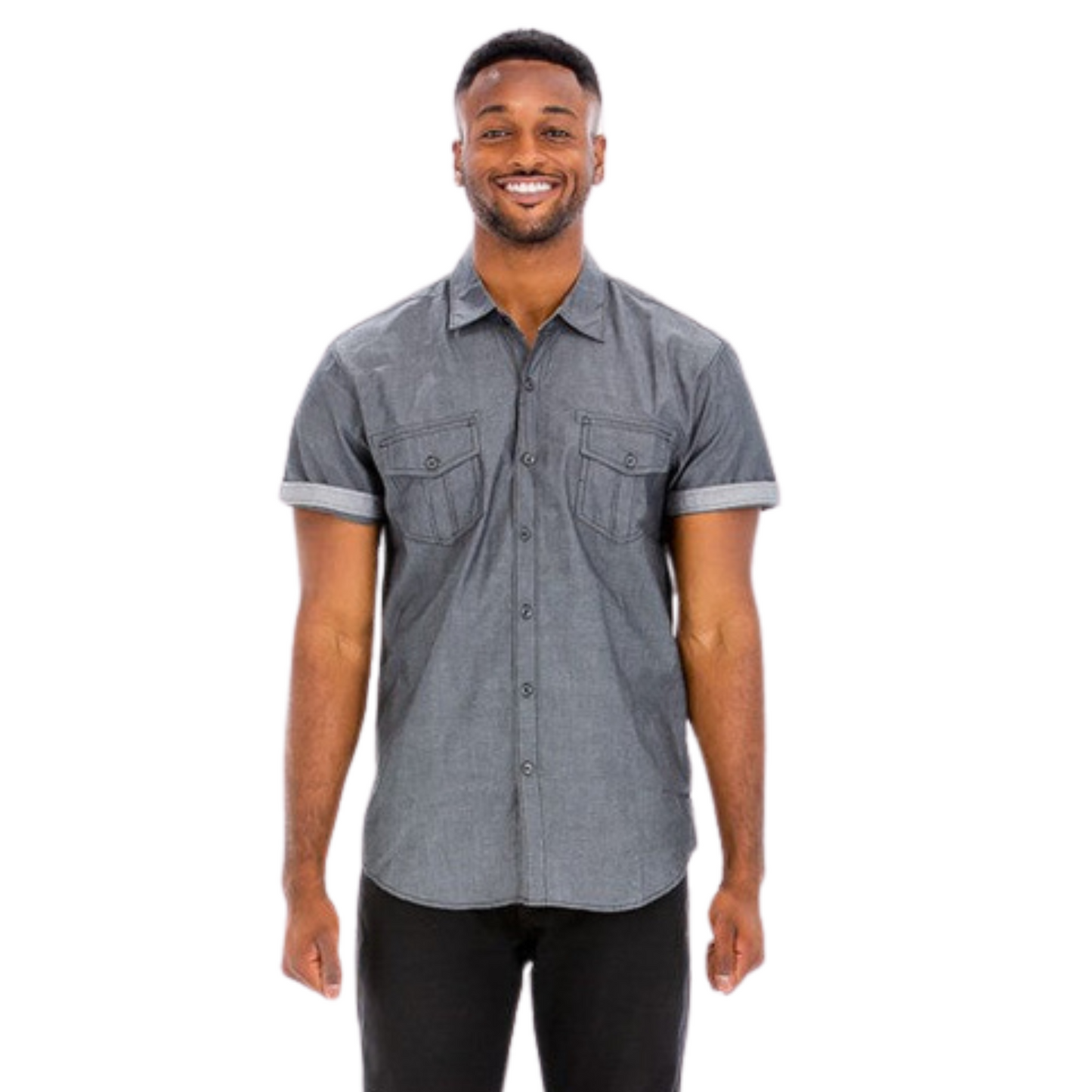 Men’s long sleeve button down dress shirt with two chest pockets and double stitching, shown in red, black, gray, and blue.