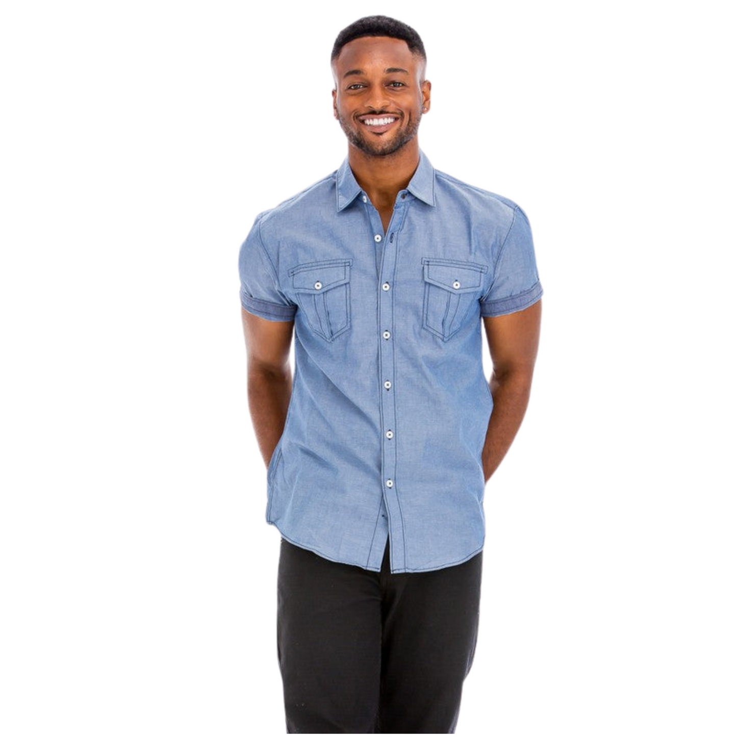 Men’s long sleeve button down dress shirt with two chest pockets and double stitching, shown in red, black, gray, and blue.