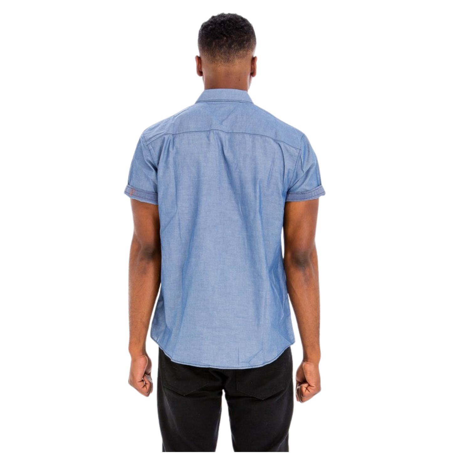 Men’s long sleeve button down dress shirt with two chest pockets and double stitching, shown in red, black, gray, and blue.