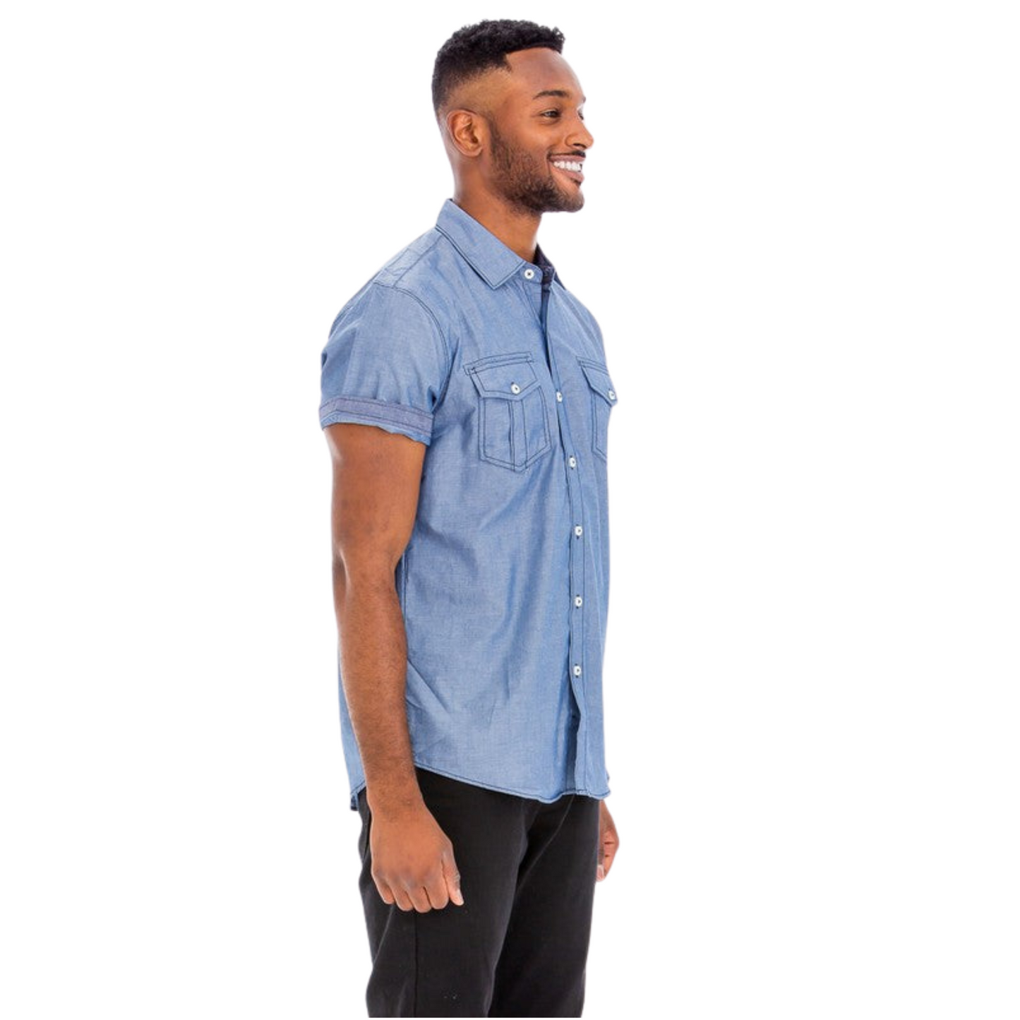 Men’s long sleeve button down dress shirt with two chest pockets and double stitching, shown in red, black, gray, and blue.