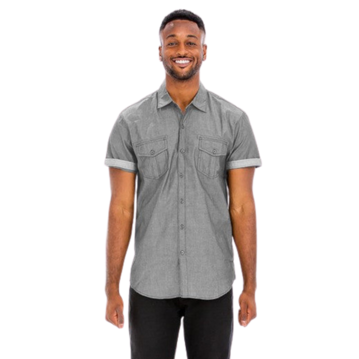 Men’s long sleeve button down dress shirt with two chest pockets and double stitching, shown in red, black, gray, and blue.