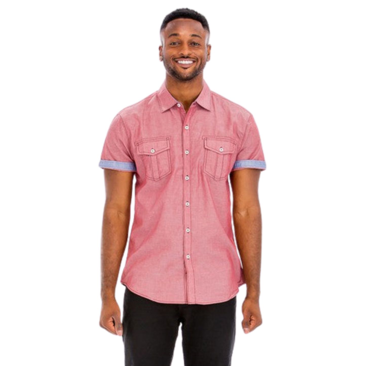 Men’s long sleeve button down dress shirt with two chest pockets and double stitching, shown in red, black, gray, and blue.