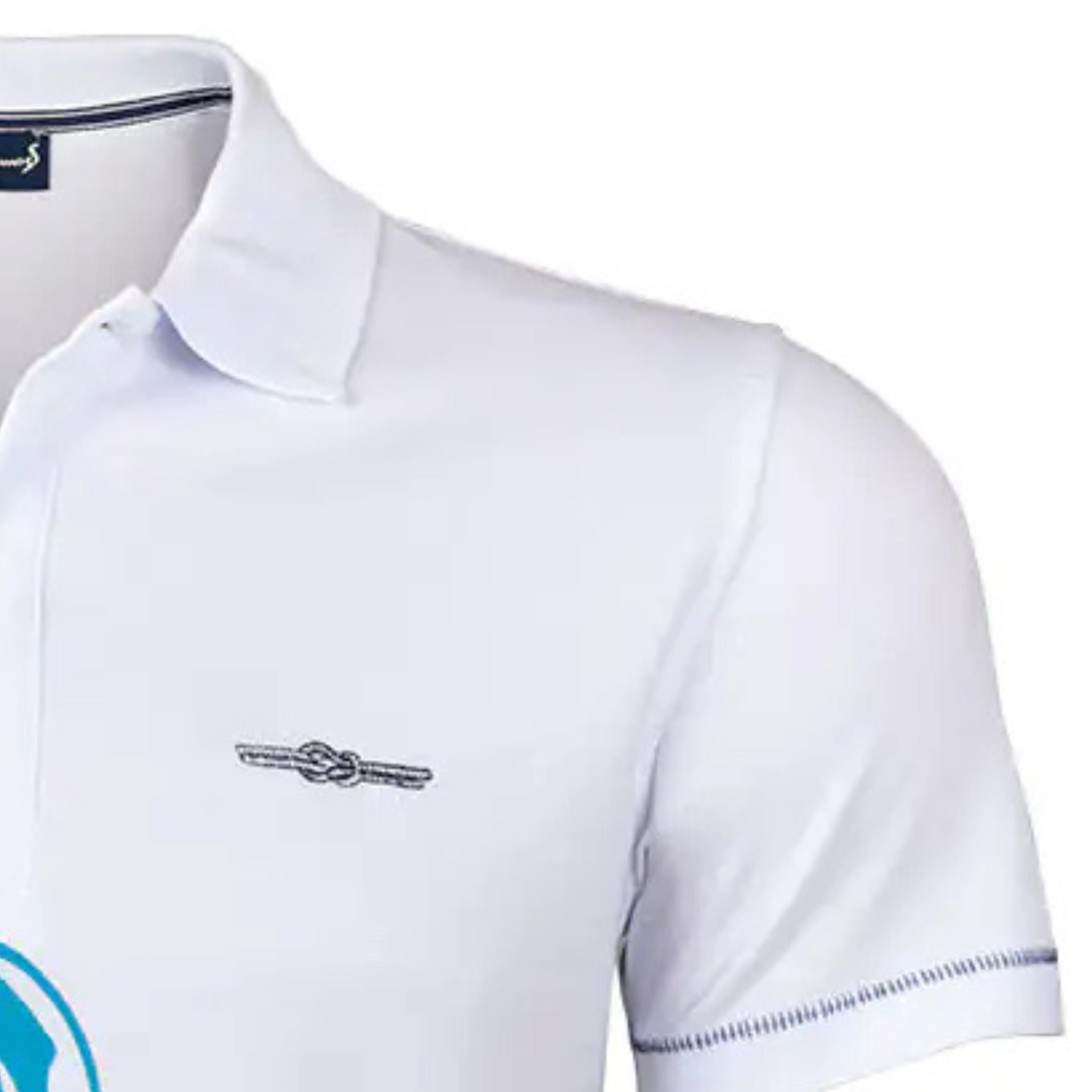 Men's Nautical Cotton Polo Shirt in white with a large aquamarine blue anchor graphic on the front, featuring a classic two-button collar and the embroidered Anemoss logo.