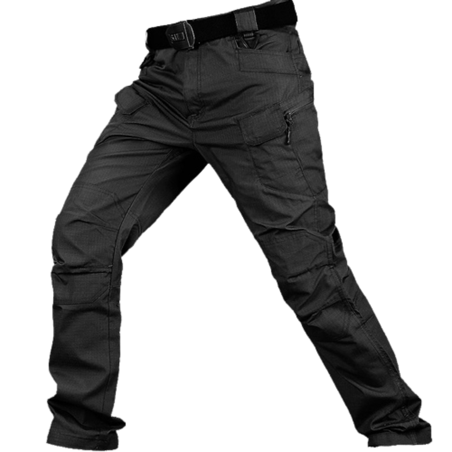 Men's Slim-Fit Spec Ops Style Utility Pants in durable polyester, featuring a slim fit, multiple cargo pockets, and available in khaki, green, black, and cold gray. Perfect for versatile, active wear.