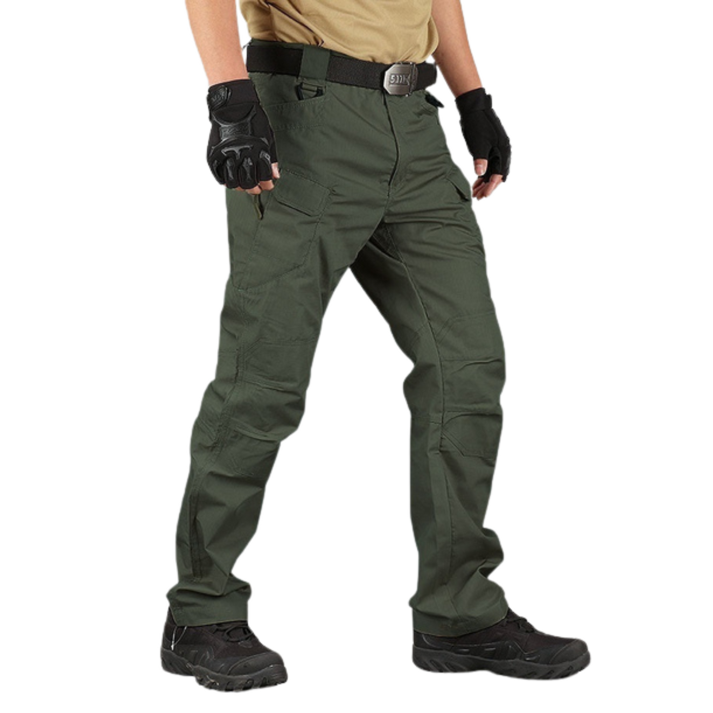 Men's Slim-Fit Spec Ops Style Utility Pants in durable polyester, featuring a slim fit, multiple cargo pockets, and available in khaki, green, black, and cold gray. Perfect for versatile, active wear.