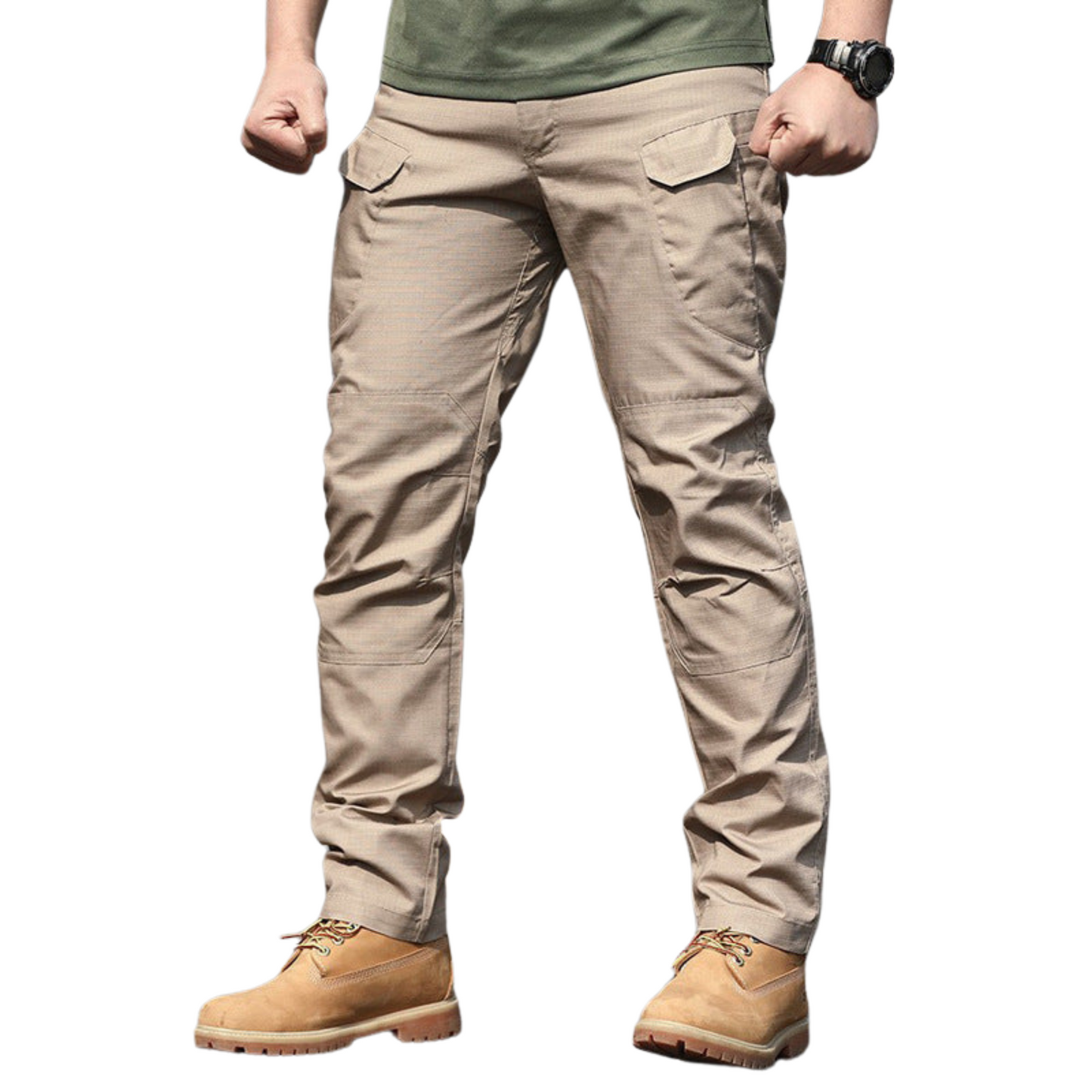 Men's Slim-Fit Spec Ops Style Utility Pants in durable polyester, featuring a slim fit, multiple cargo pockets, and available in khaki, green, black, and cold gray. Perfect for versatile, active wear.