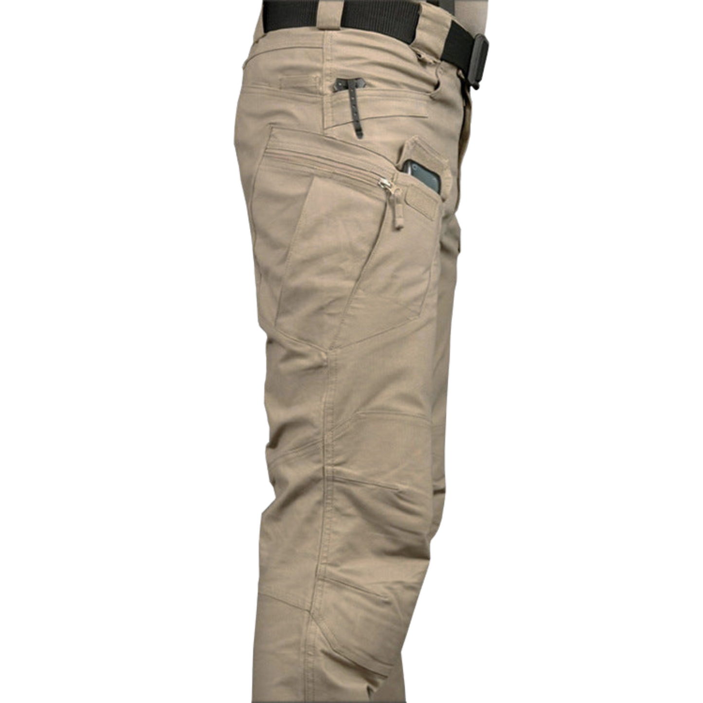 Men's Slim-Fit Spec Ops Style Utility Pants in durable polyester, featuring a slim fit, multiple cargo pockets, and available in khaki, green, black, and cold gray. Perfect for versatile, active wear.
