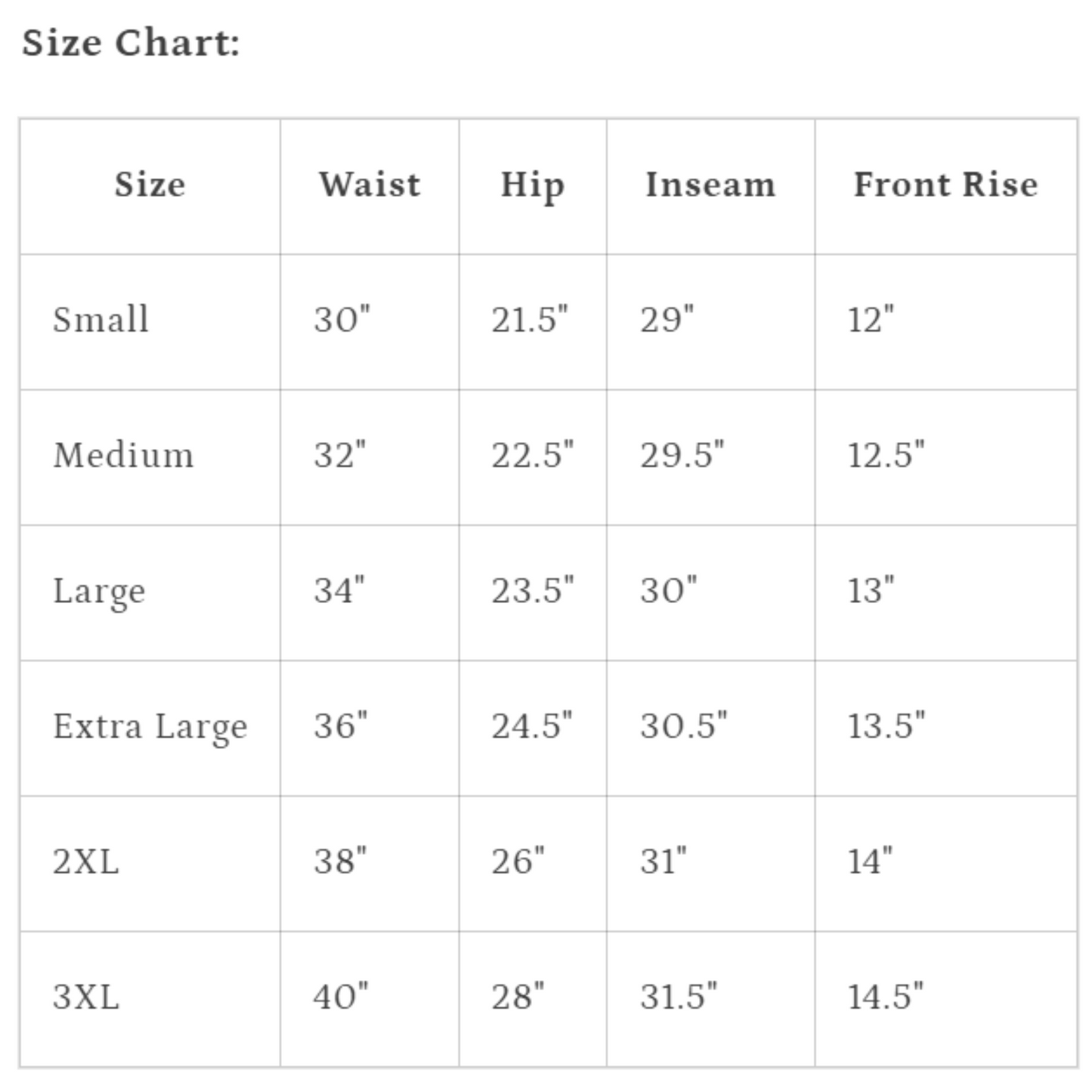 size chart