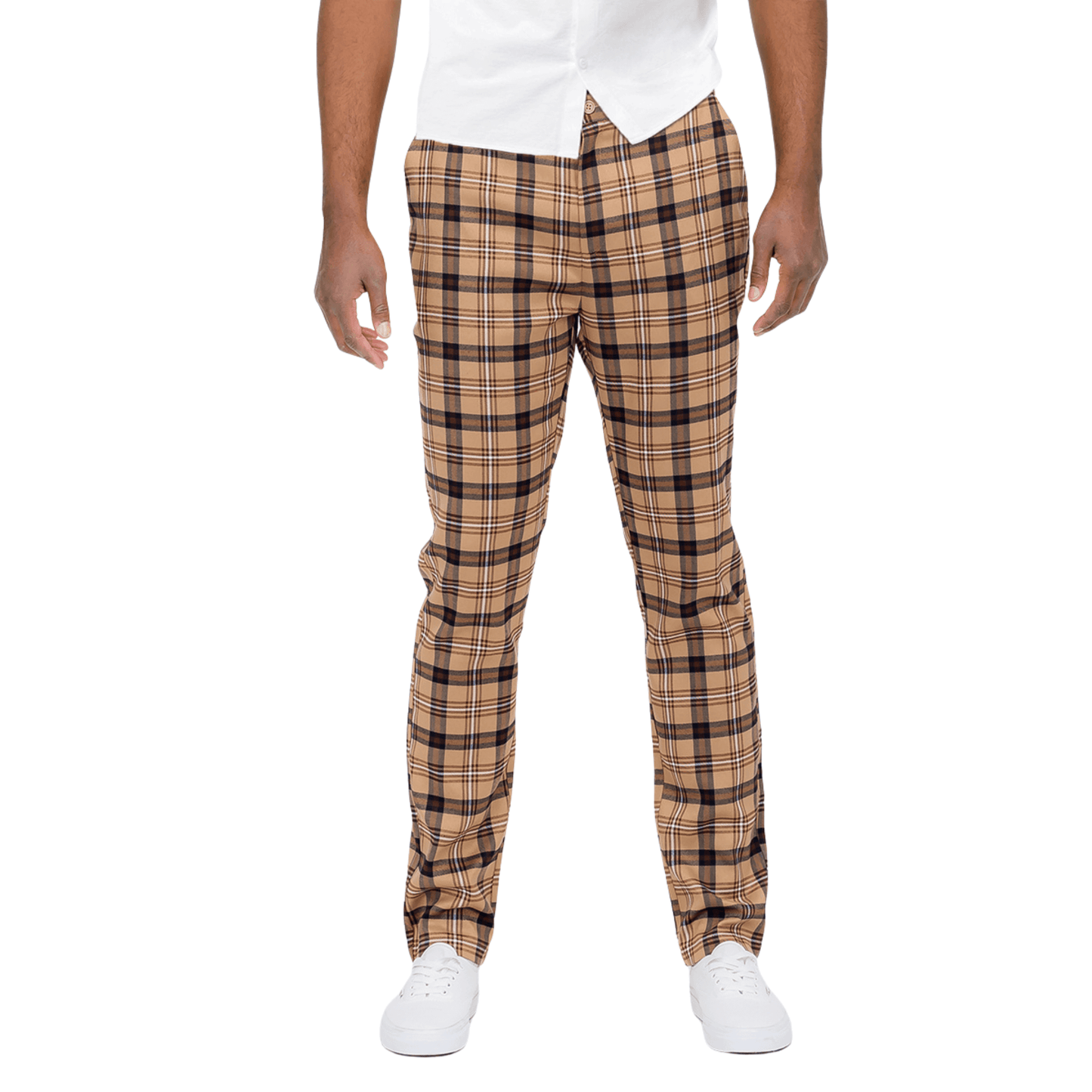 Men's Slim Fit Luxe Plaid Brown Chino Pants featuring a brown, black, and white plaid pattern.