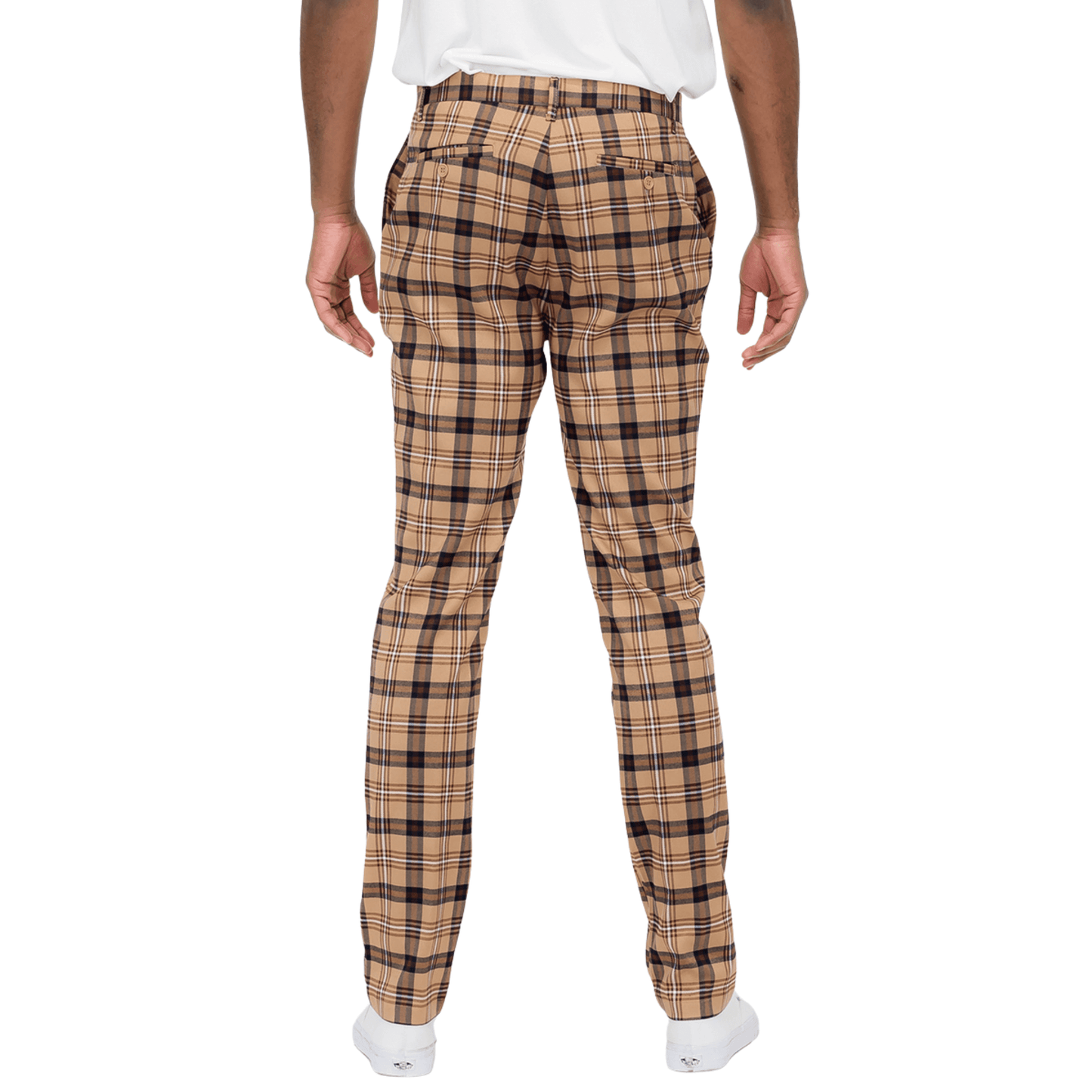 Men's Slim Fit Luxe Plaid Brown Chino Pants featuring a brown, black, and white plaid pattern.