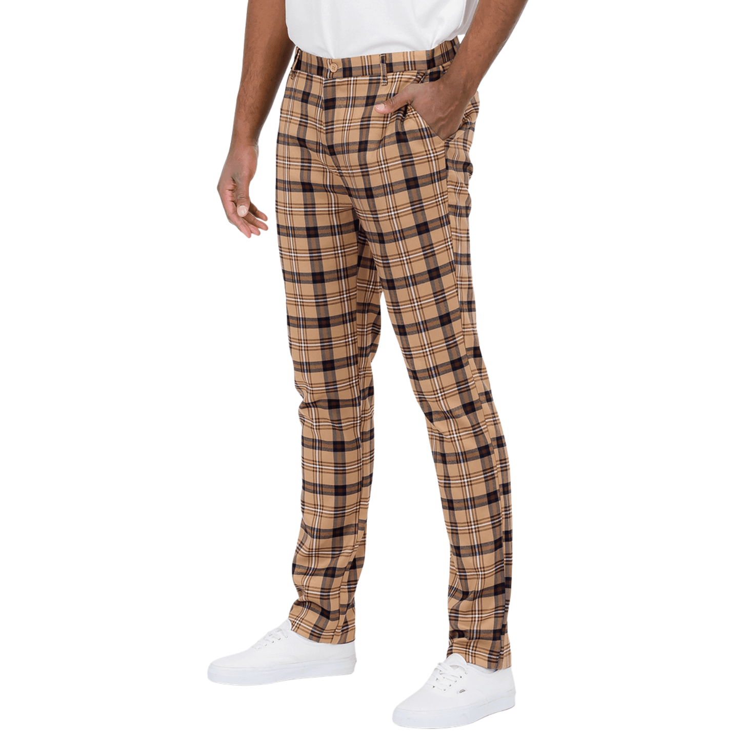Men's Slim Fit Luxe Plaid Brown Chino Pants featuring a brown, black, and white plaid pattern.