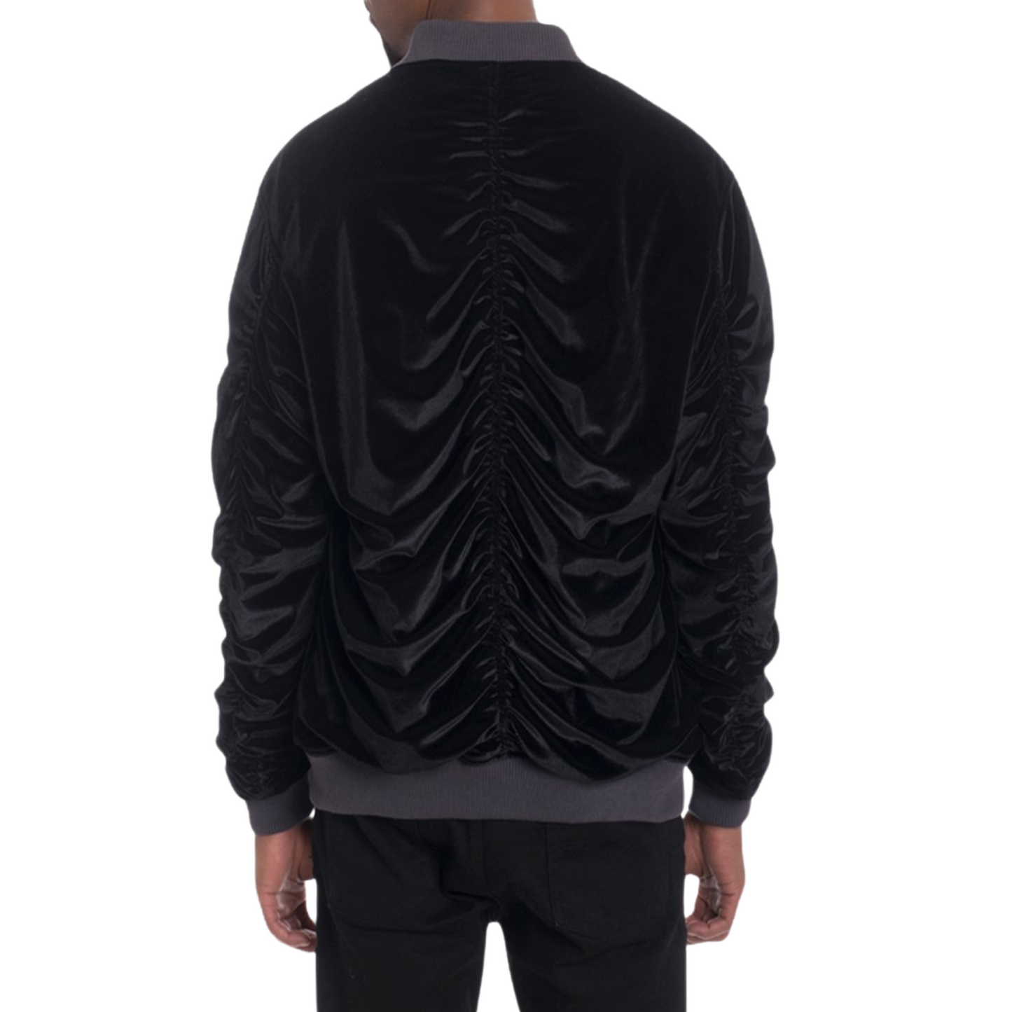 Men's Soft Velour Cinch Sleeve Black Bomber Jacket - Ash and Chrome Clothing Co LLC