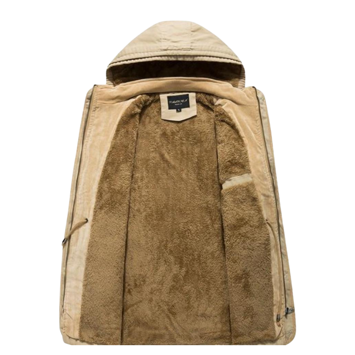 Men's True Outdoorsman Fleece Lined Hooded Parka Coat, featuring a military-inspired design, fleece-lined interior, and multiple pockets for ultimate warmth and functionality in cold weather. Available in Black, Khaki, and Army Green.