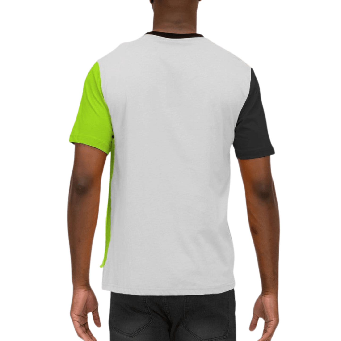 Men's tri-color short sleeve crew neck t-shirt in lime green, black, and white with vertical color block pattern.