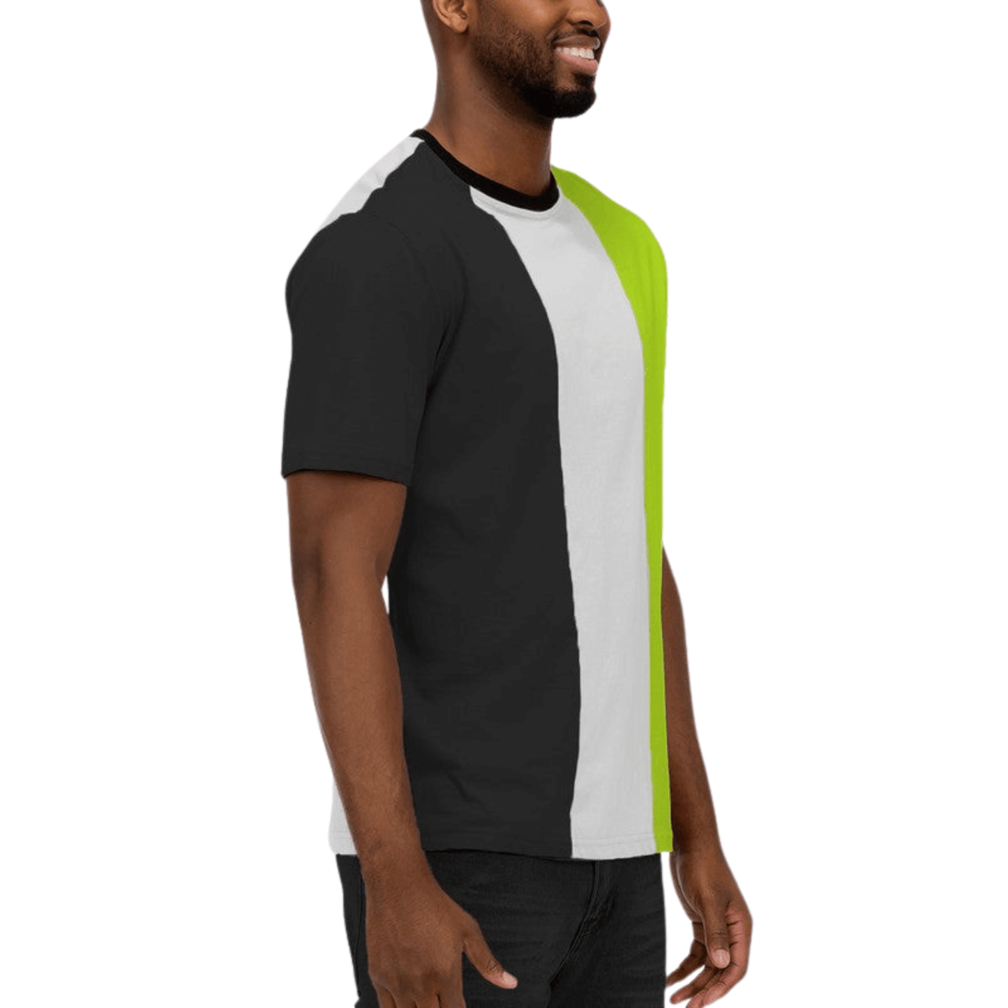 Men's tri-color short sleeve crew neck t-shirt in lime green, black, and white with vertical color block pattern.