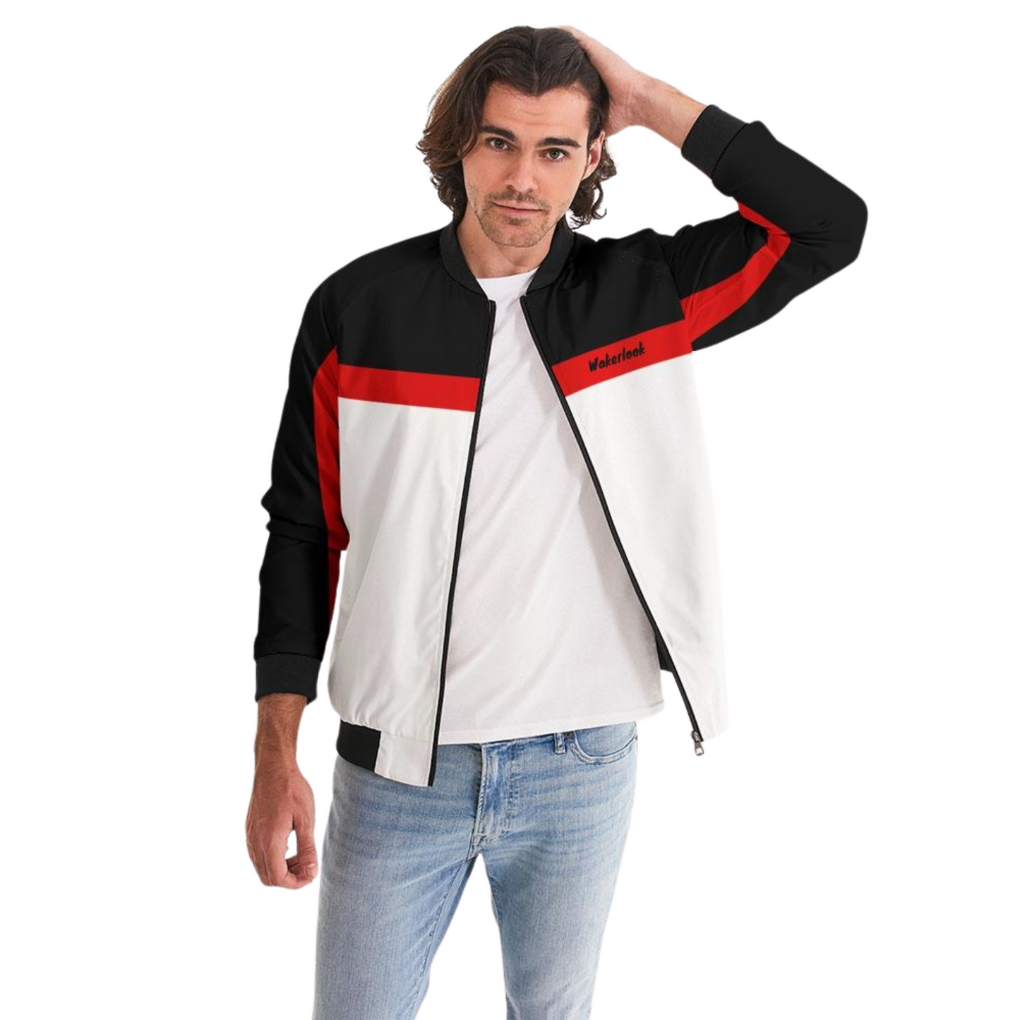 Men's Wakerlook Redline Bomber Jacket – lightweight white jacket with bold black and red accents, featuring ribbed cuffs, metal zip closure, and welt pockets, perfect for casual or sportswear.