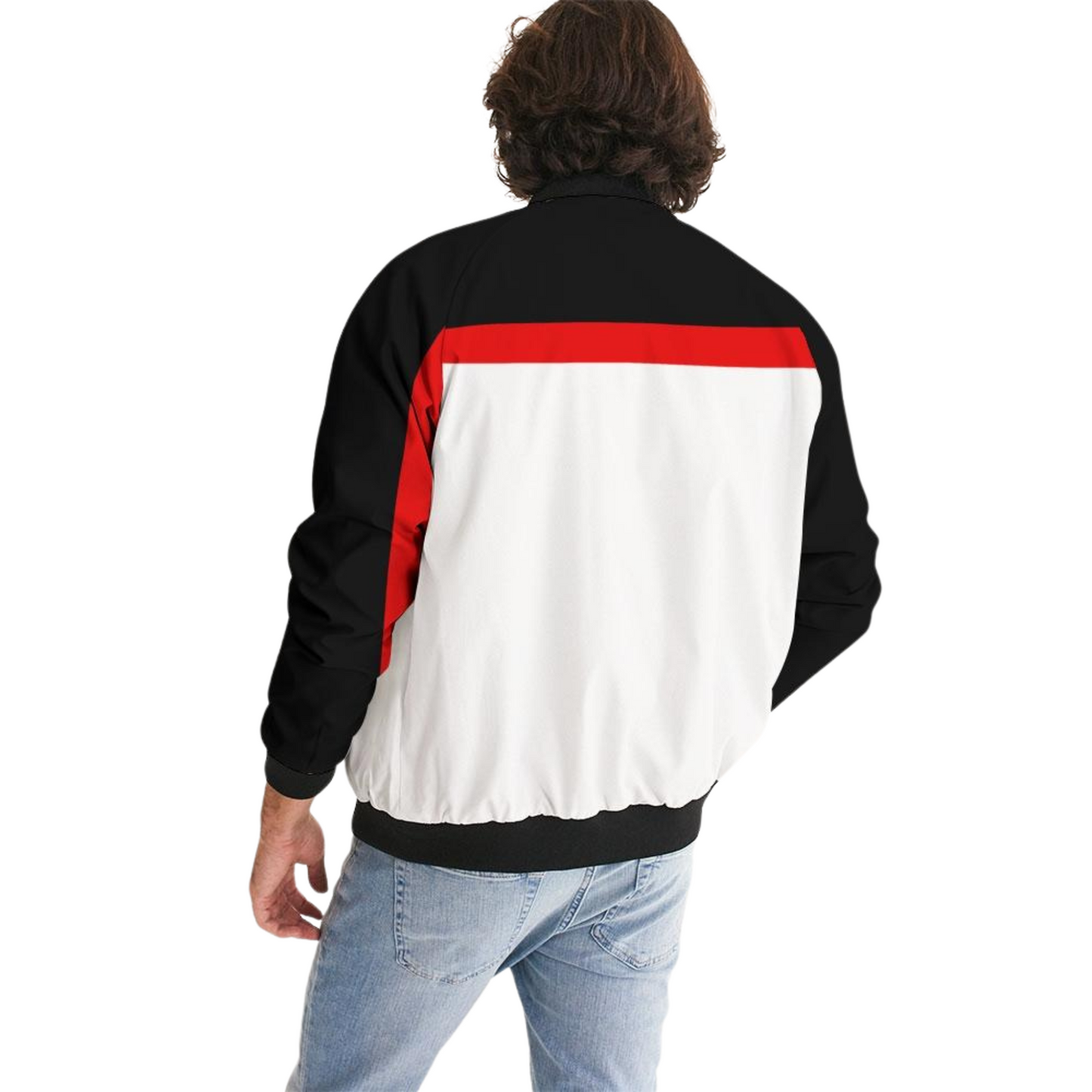 Men's Wakerlook Redline Bomber Jacket – lightweight white jacket with bold black and red accents, featuring ribbed cuffs, metal zip closure, and welt pockets, perfect for casual or sportswear.